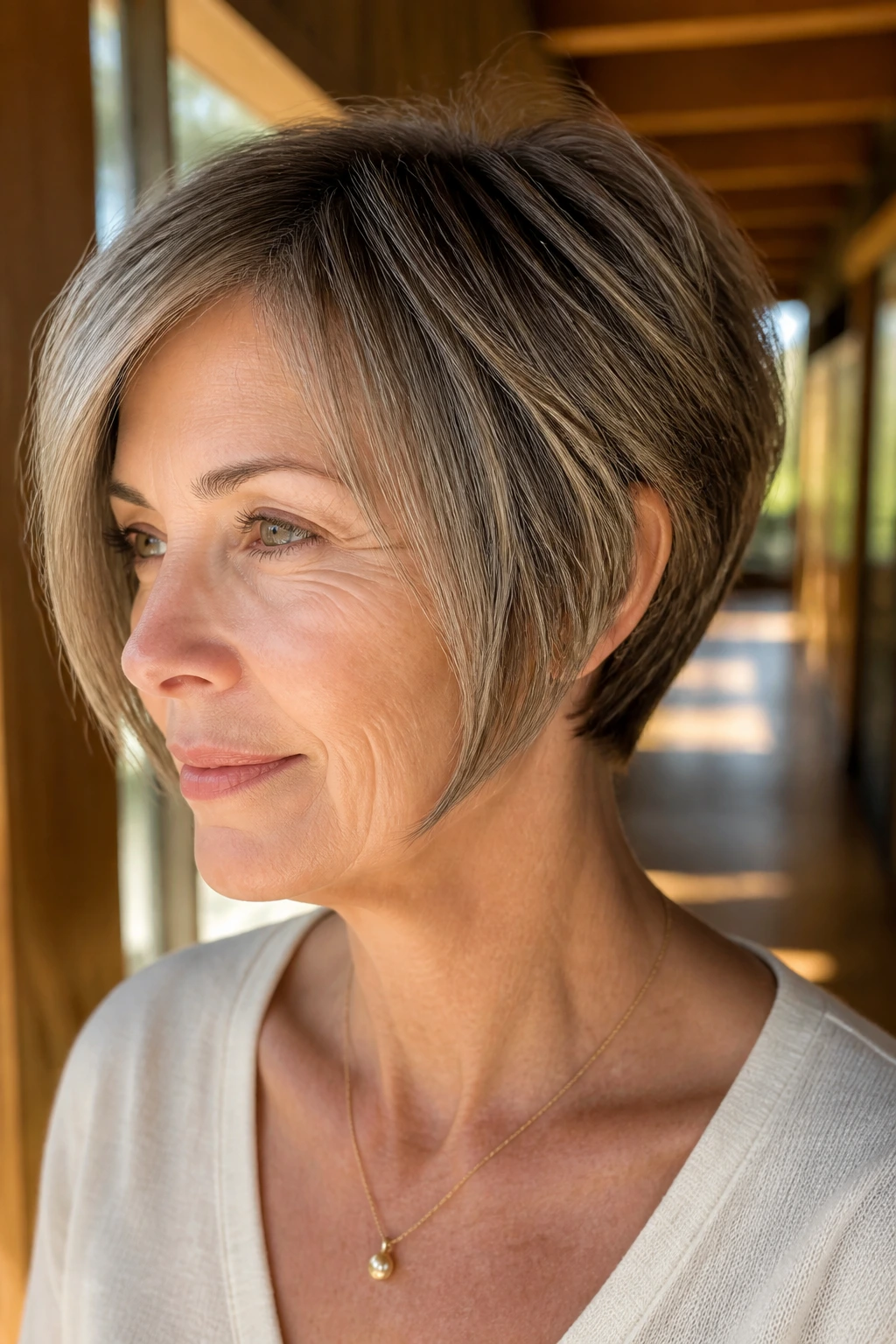 Portrait of a real woman with pixie bob hybrid haircut in a sunlit hallway.