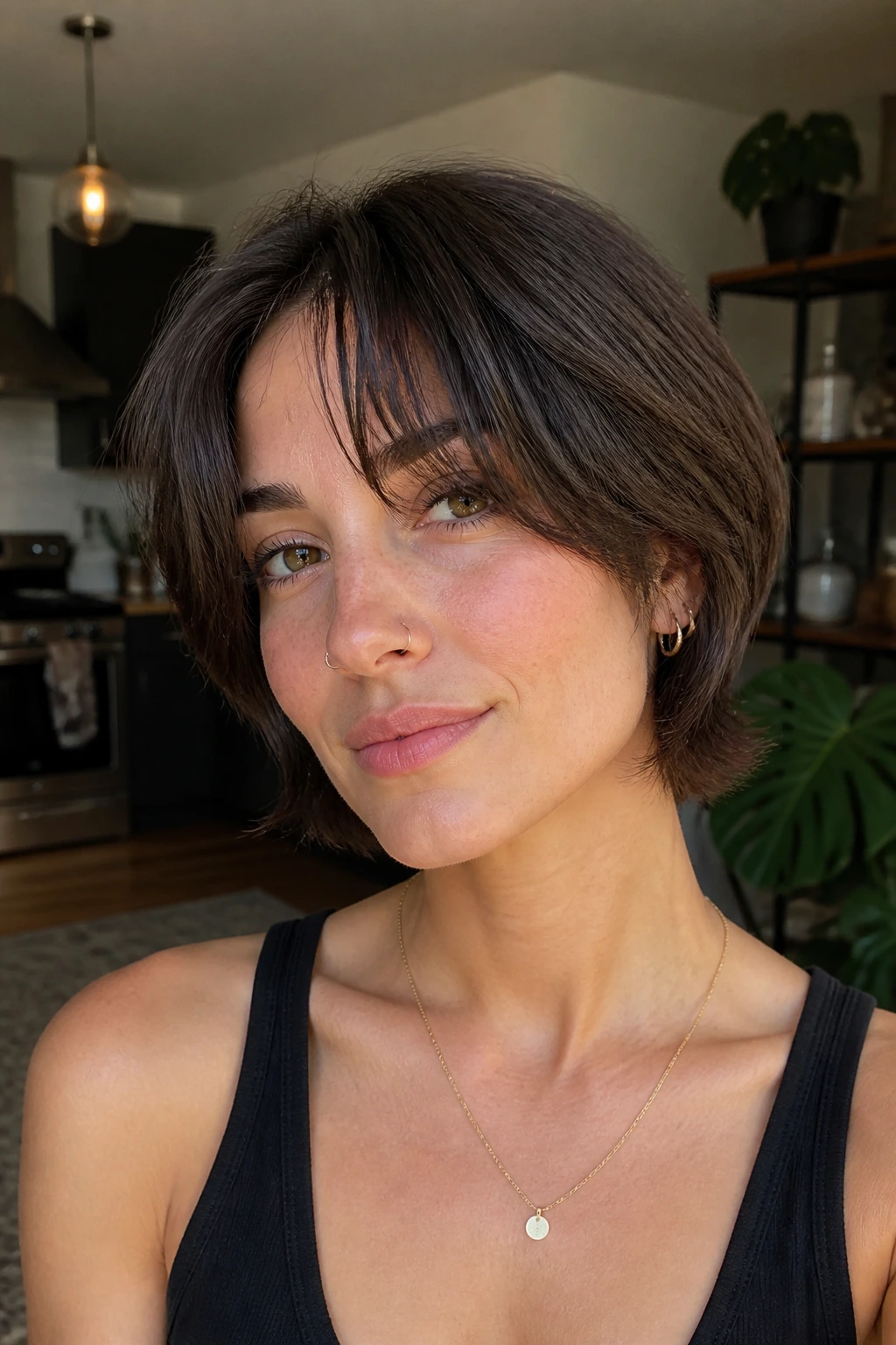 Close-up portrait of a real person with a pixie-bob hybrid and curtain bangs.
