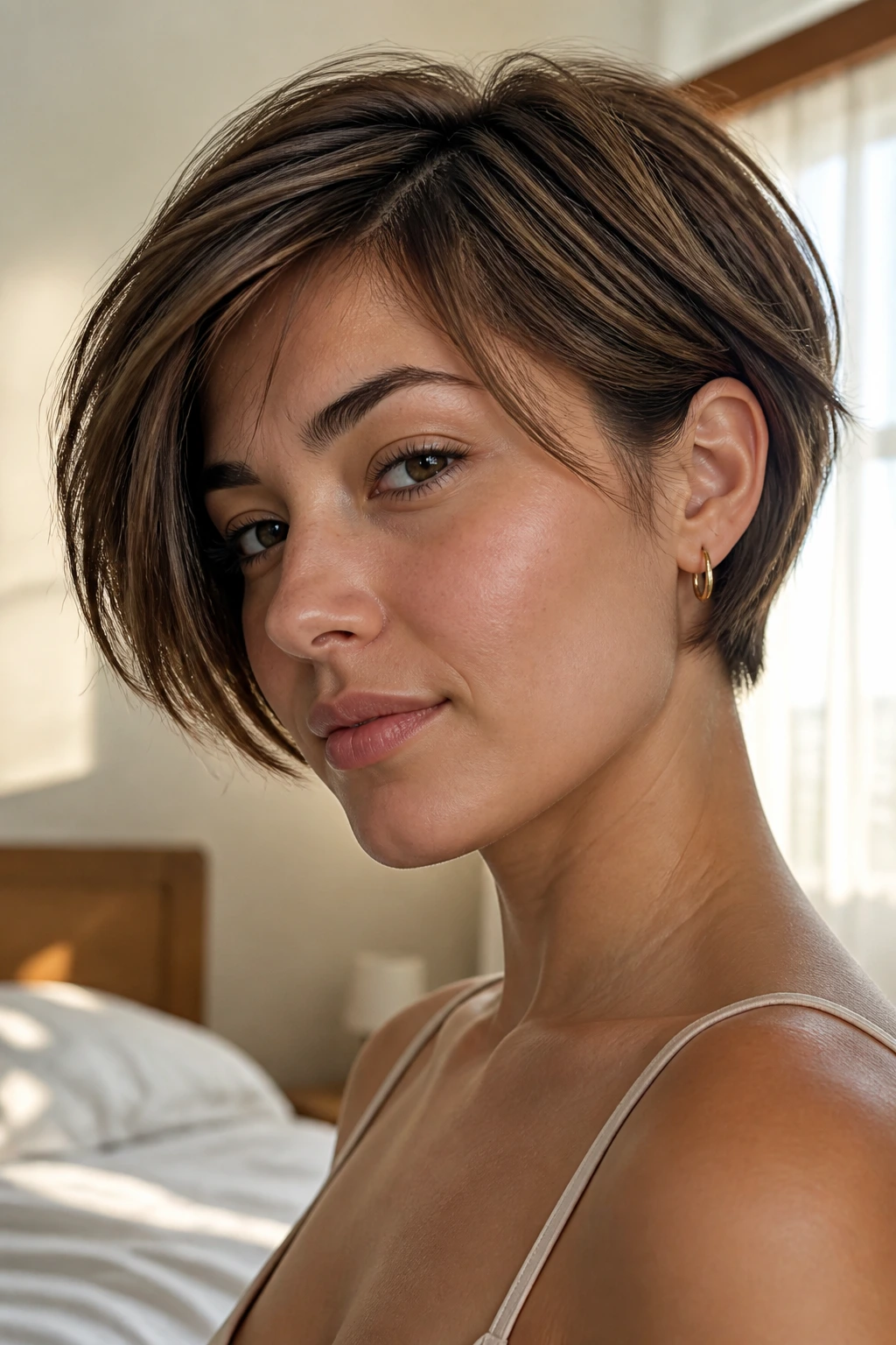 Close-up of a woman with a long pixie bob hybrid hairstyle in soft morning light