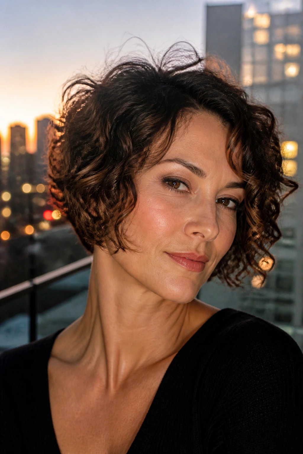 Close-up of a real woman with jaw-skimming front pixie-bob hybrid on a city balcony at dusk