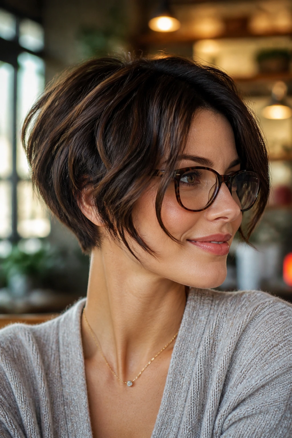 Portrait of a person with a layered pixie-bob showing adaptable styling options