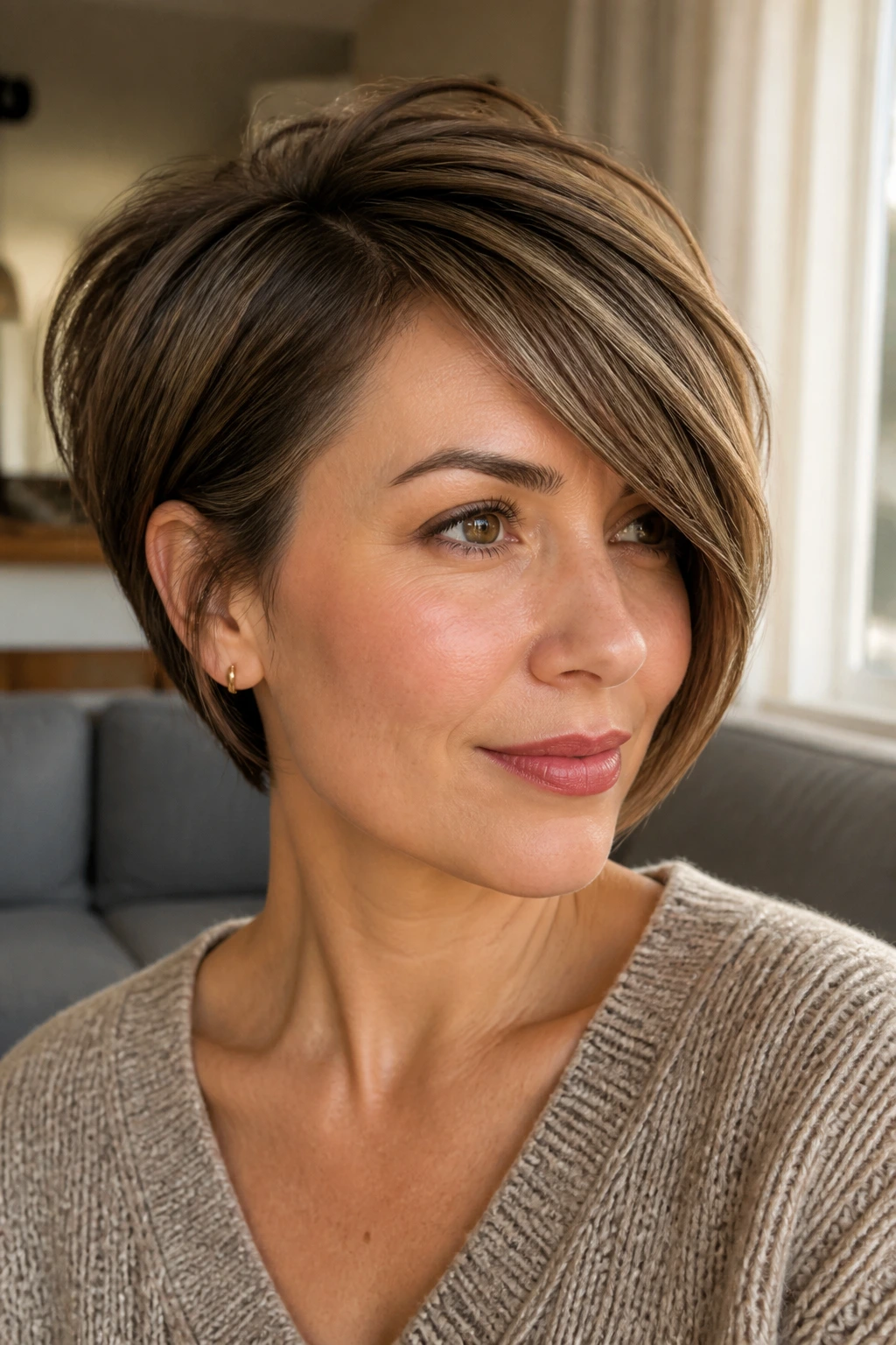 Close-up portrait of a real woman with a pixie-bob and long bang arc, jawline visible in warm window-lit setting