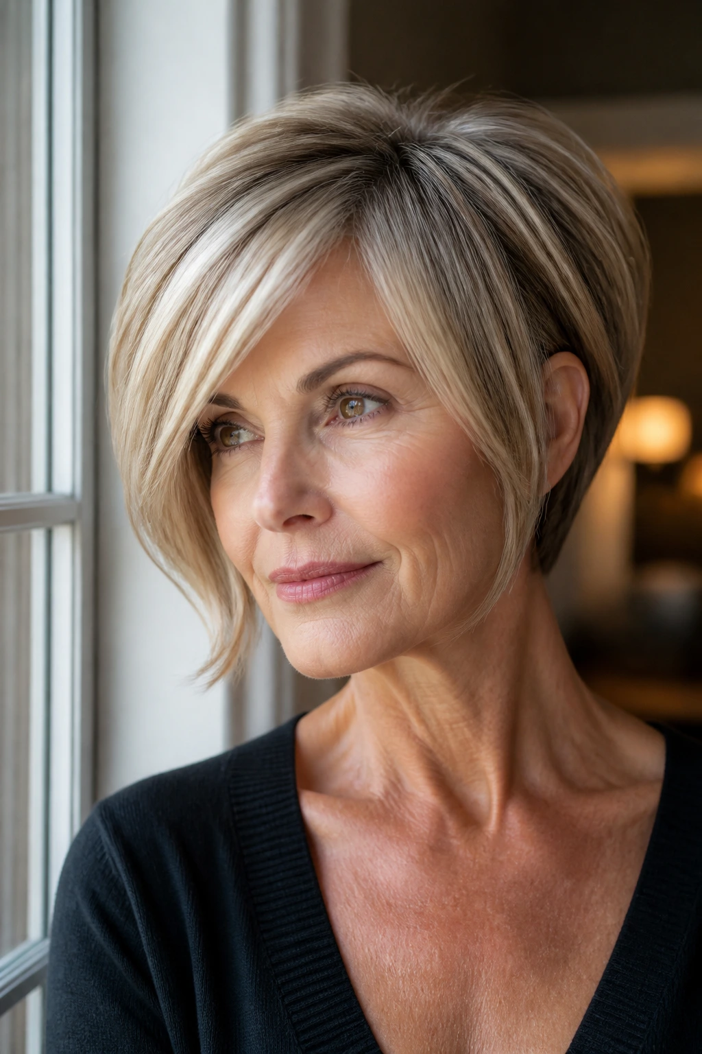 Woman with long-front pixie bob close-up