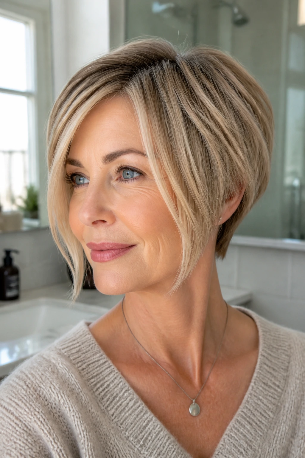 Portrait of a woman with a pixie bob and longer front panels in a bright bathroom.