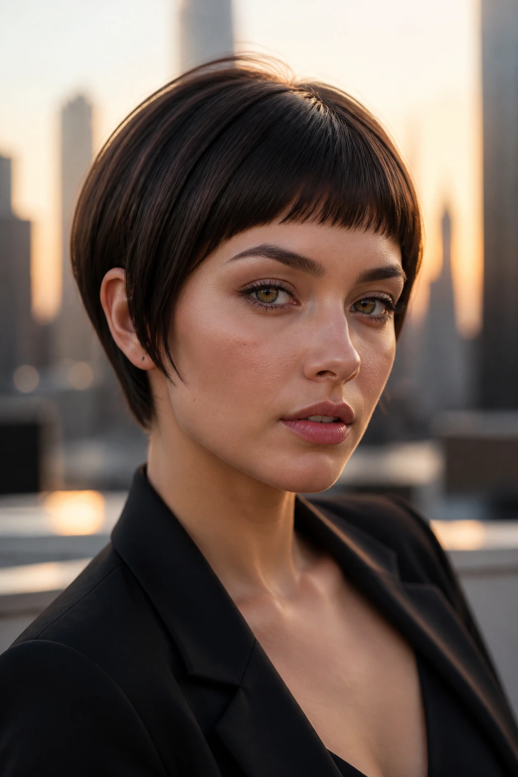 Real person in sleek pixie-bob with micro bangs on rooftop
