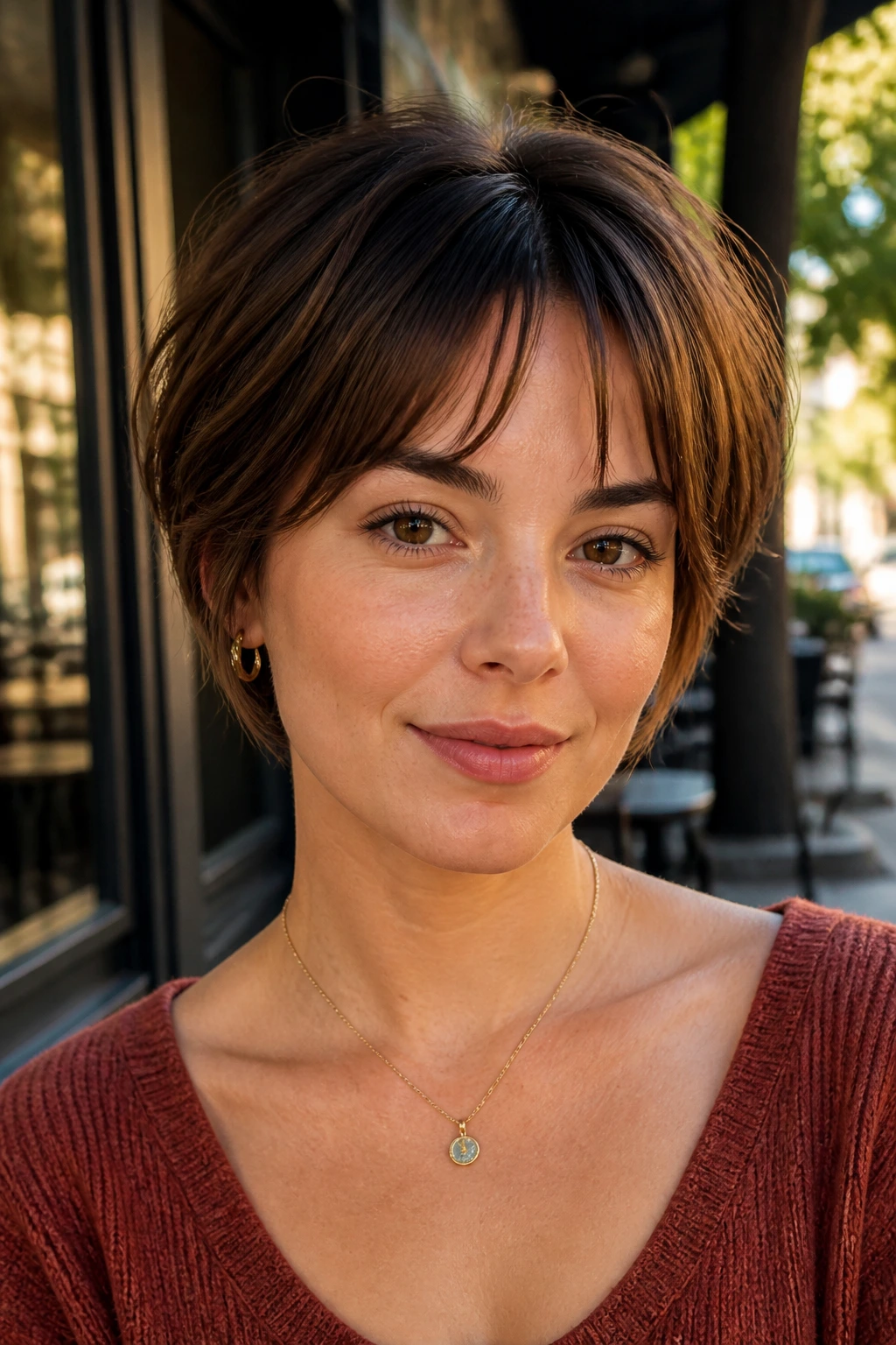 Portrait of a woman with pixie bob and mini curtain bangs outdoors.