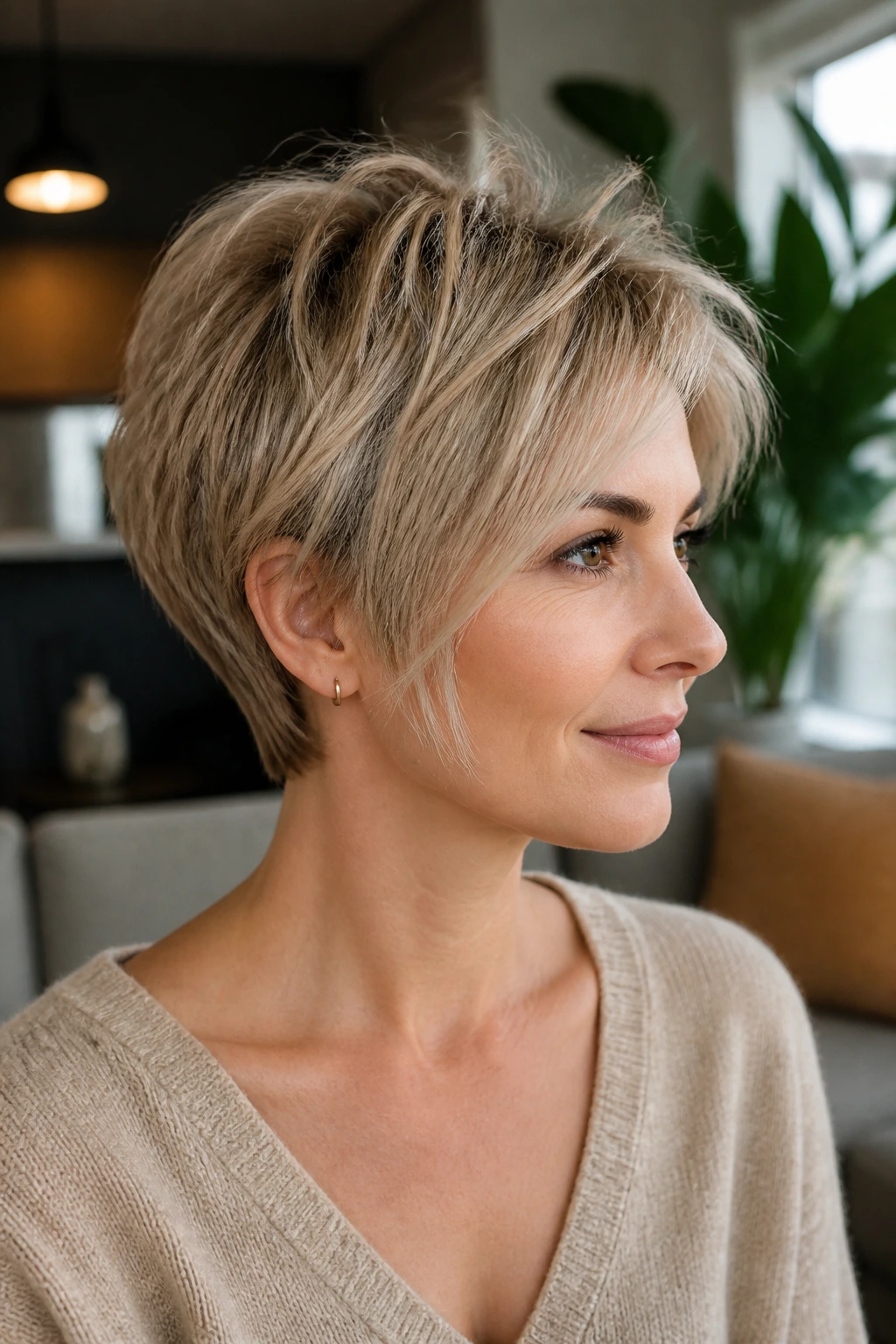 Close-up of a real woman with a pixie-bob and piecey top layers