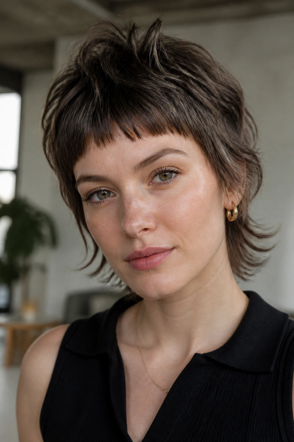 Pixie-bob shag with micro fringe portrait