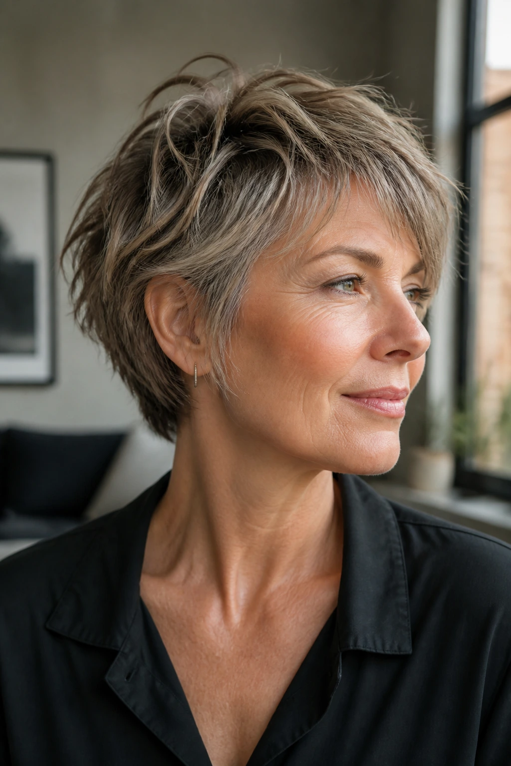 Close-up portrait of a real woman with tousled pixie-bob shag