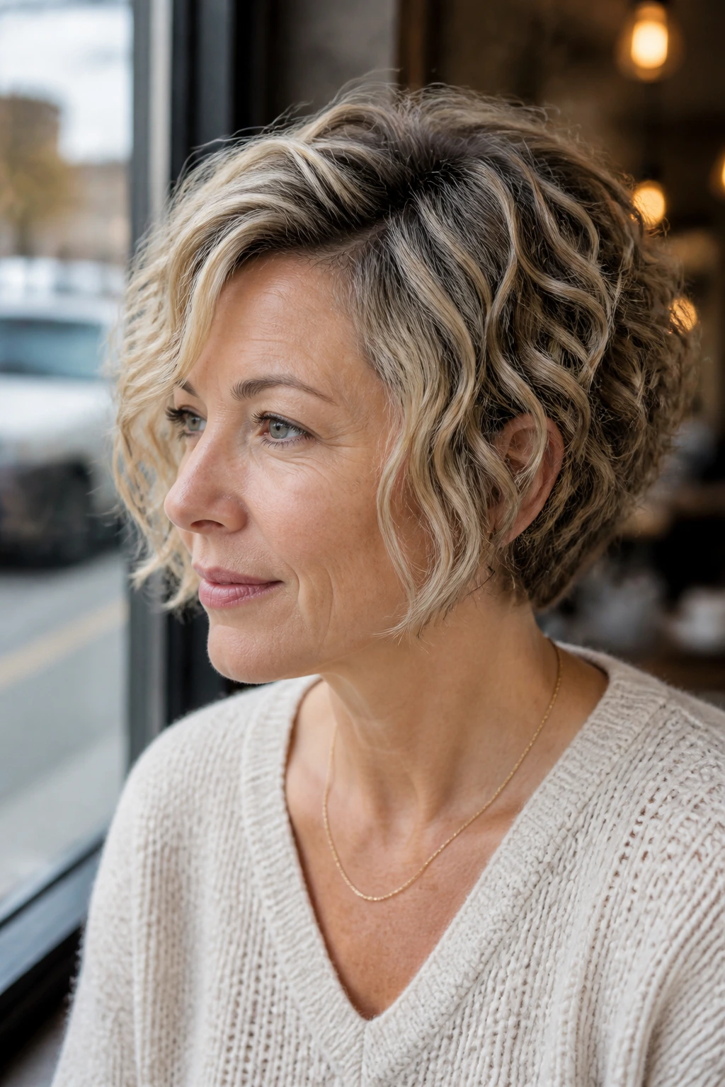 Portrait of a real person with side-part pixie bob and longer temple pieces