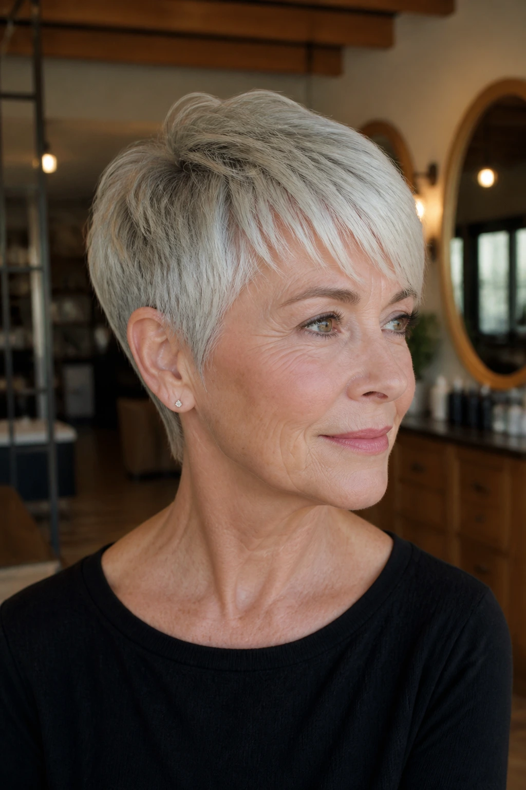 Portrait of an older woman with a pixie bob showing soft temple framing.