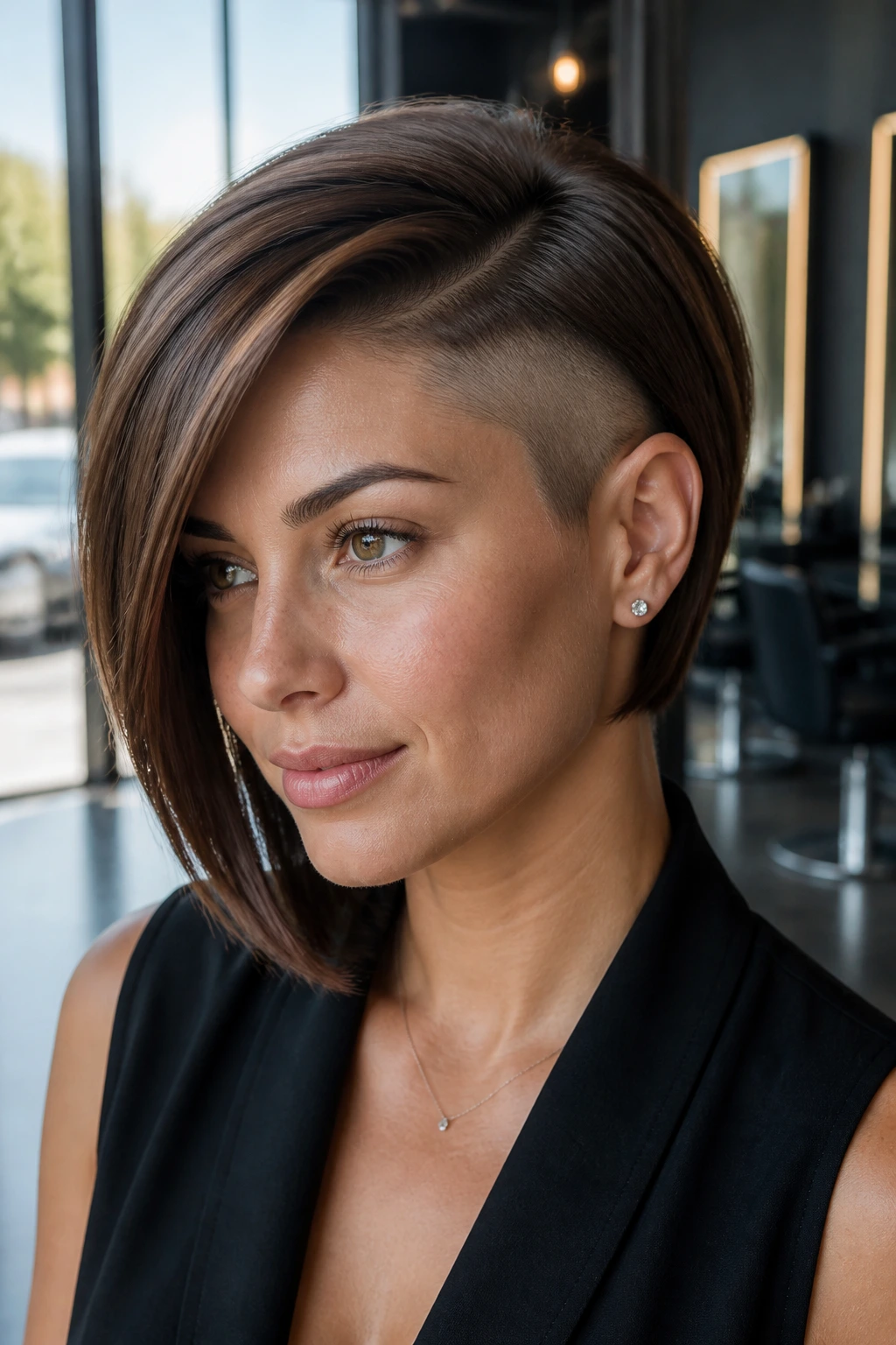 Portrait of a real woman with a pixie-bob sweep and shaved temple, in a bright salon.