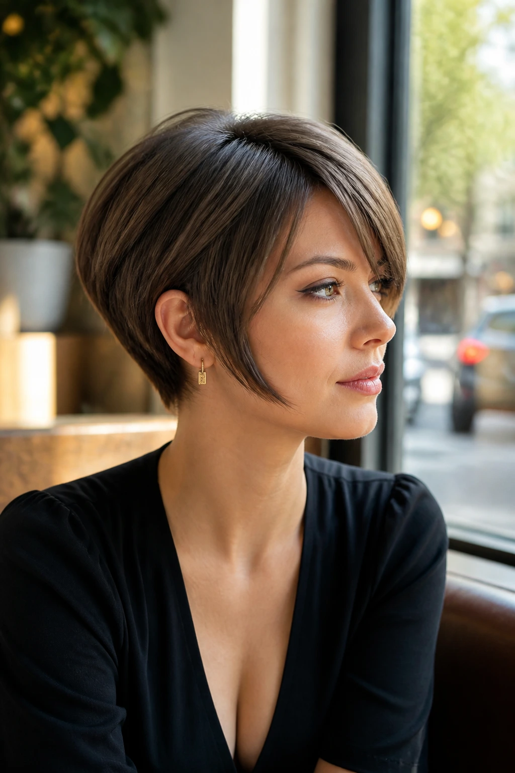 Medium-close portrait of a real person with pixie bob and tapered back