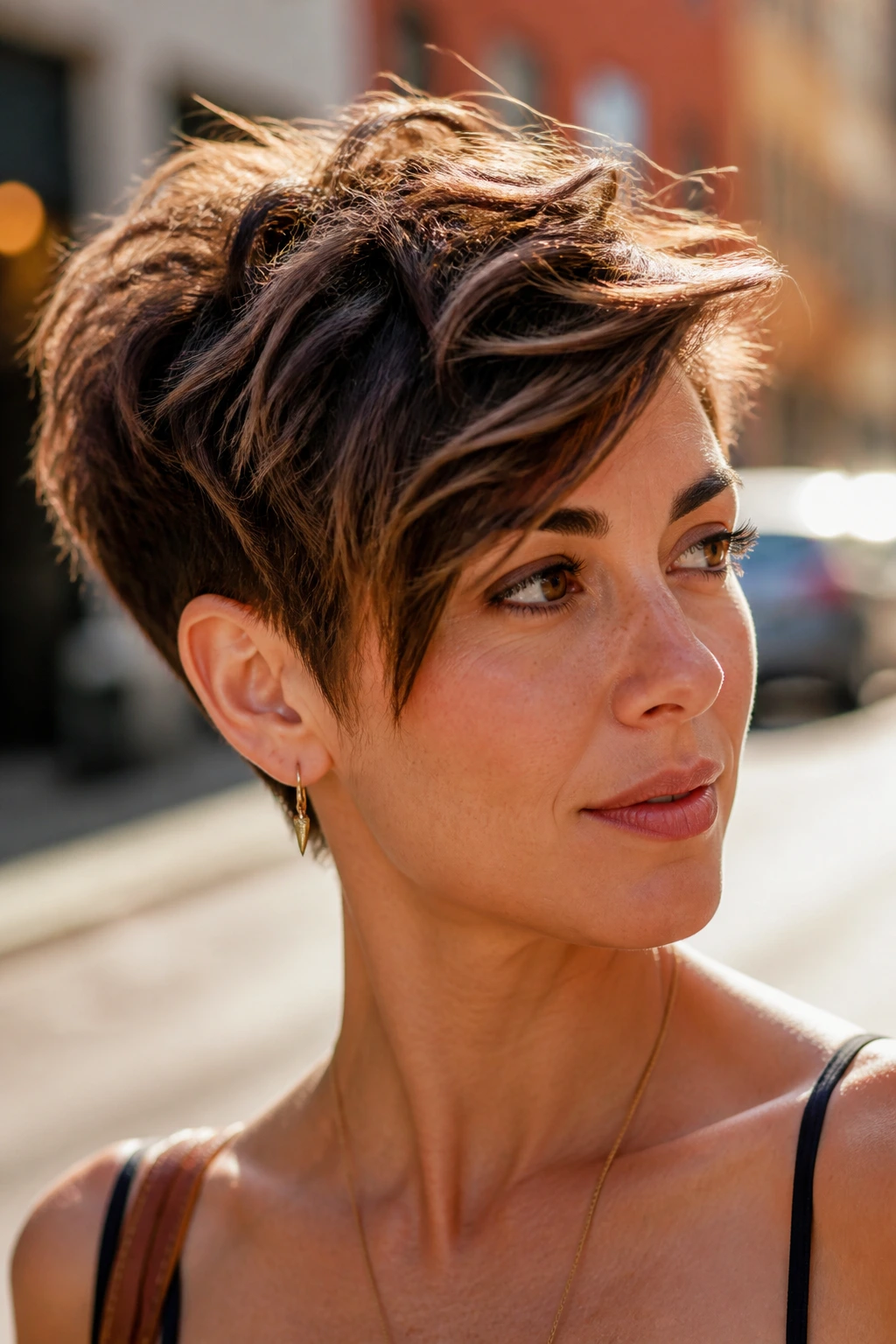 Close-up portrait of a real person with a tapered pixie-bob and messy texture