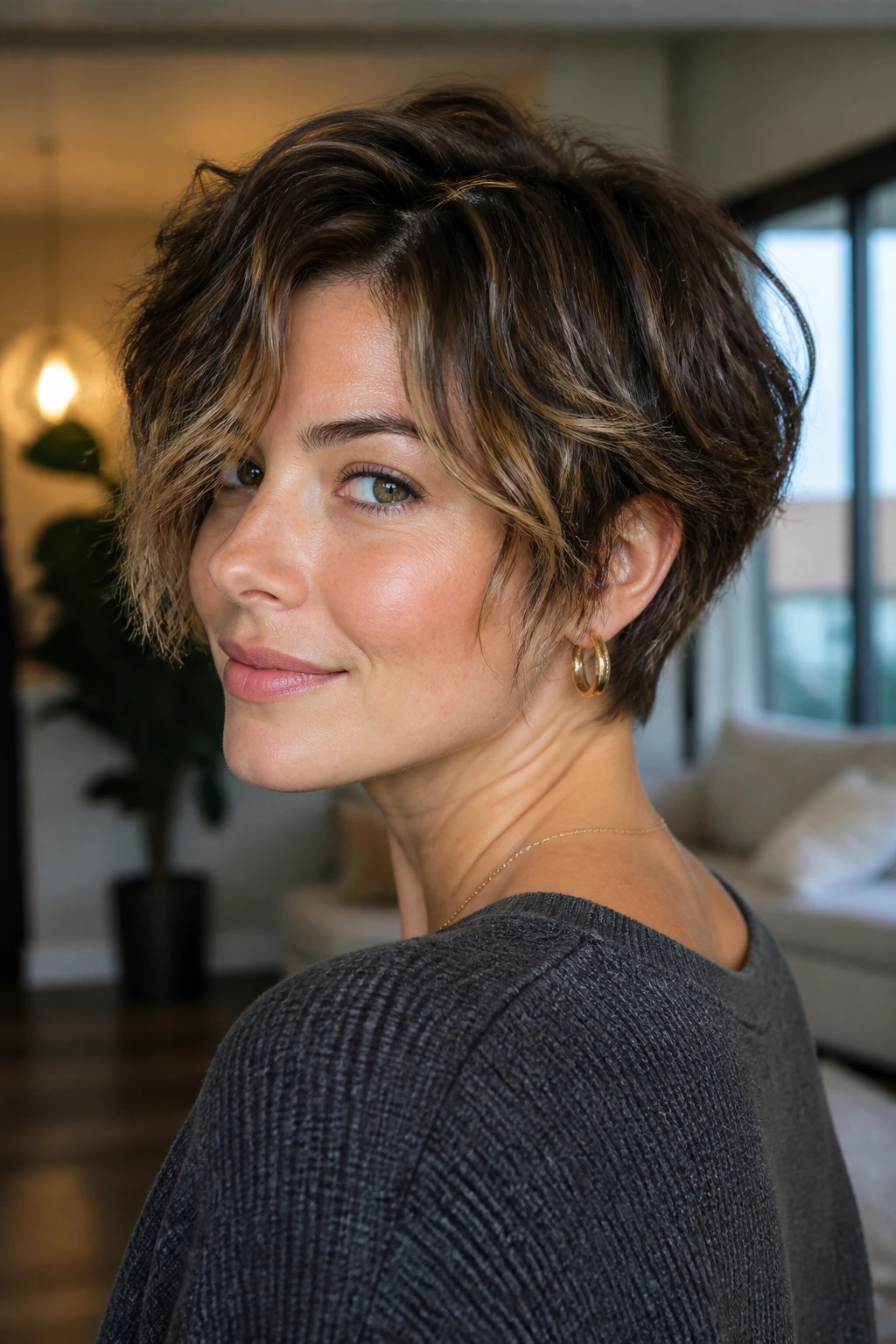 Real person with pixie-bob haircut showing tapered neckline and longer front pieces
