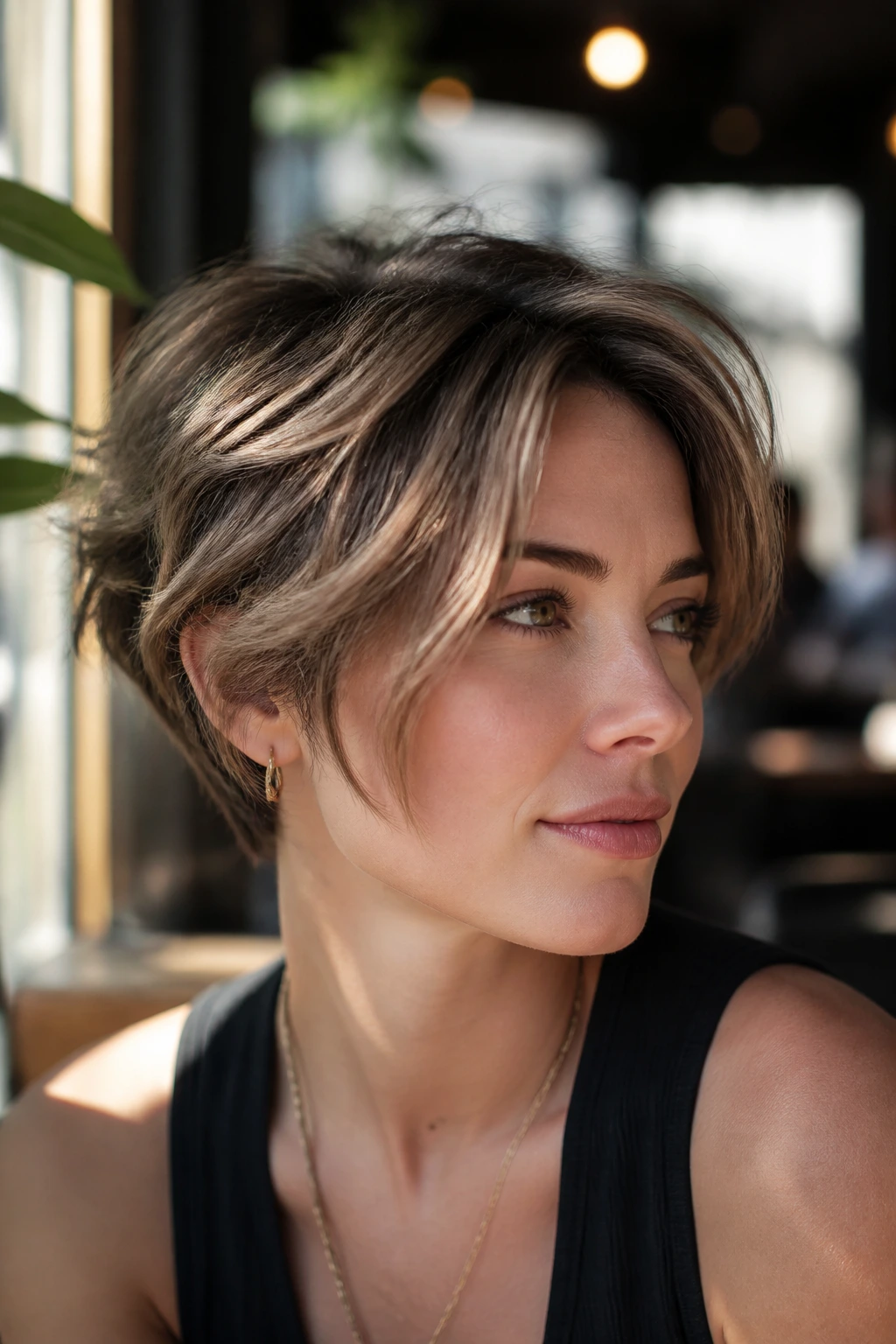 Close-up of a real woman with a textured tousled pixie bob under natural window light