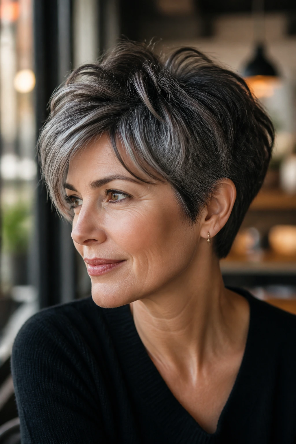 Close-up of a real person with a textured pixie-bob under cafe window light