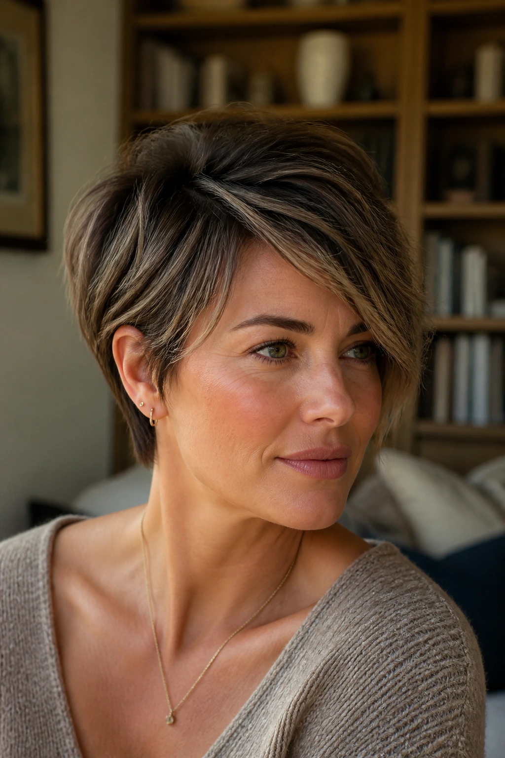 Close-up portrait of a woman with a textured pixie bob featuring tapered nape and lifted crown
