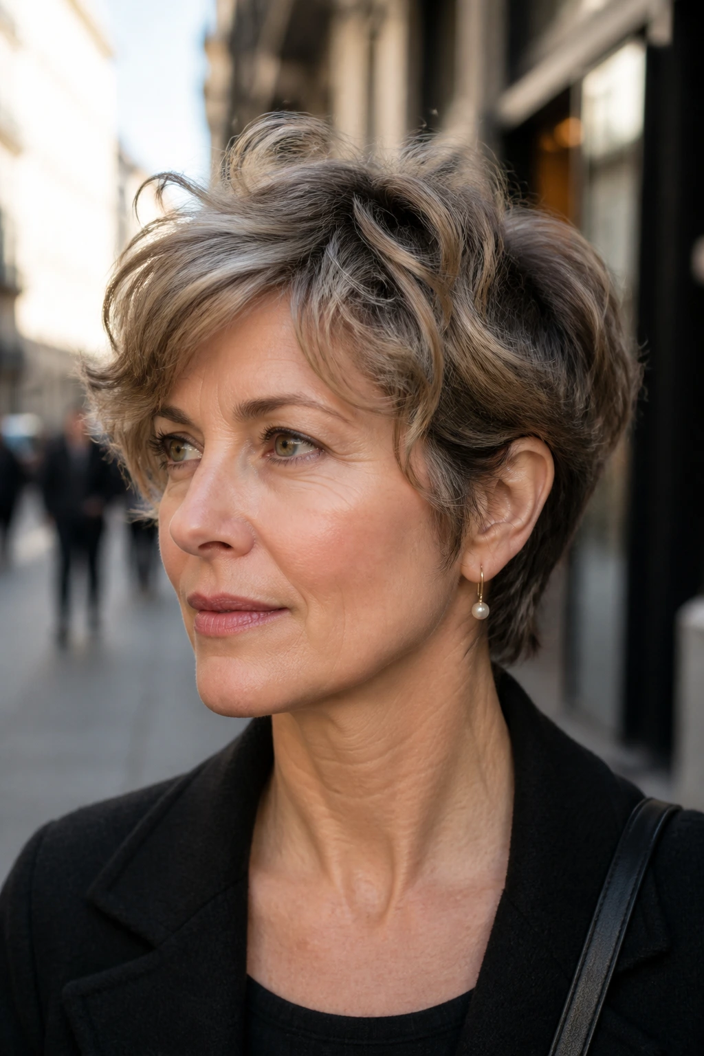 Close-up of a real woman with wavy pixie-Bob and piecey top layers