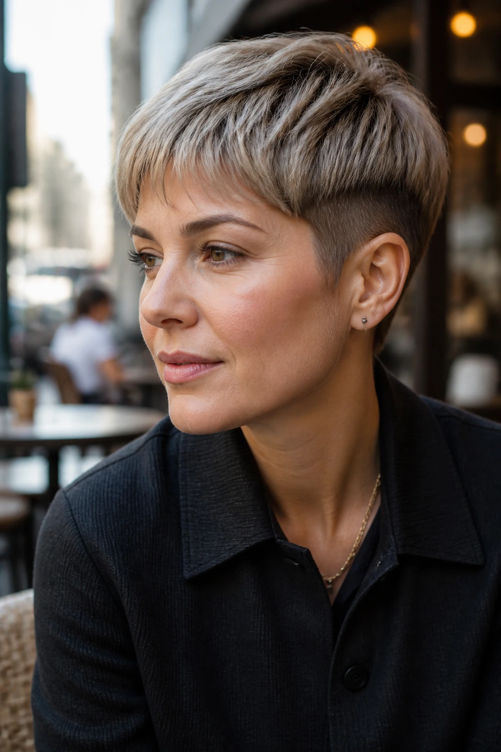 Close-up portrait of a real woman with a pixie bowl hybrid hairstyle in an urban cafe setting.
