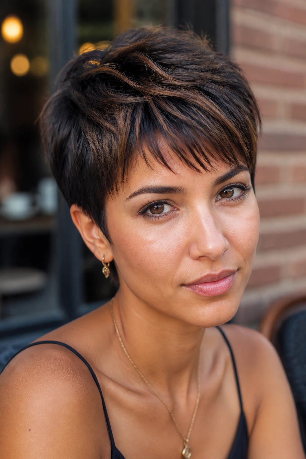 Close-up portrait of a real woman with a soft brunette pixie and brown ribbons