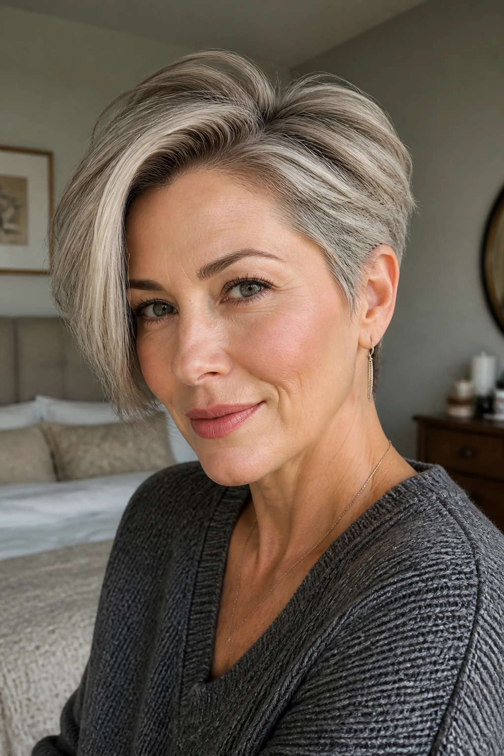 Close-up portrait of a real woman with Brushed-Back Pixie with a Side-Falling Front hairstyle, hair brushed back with a side fall in warm window light
