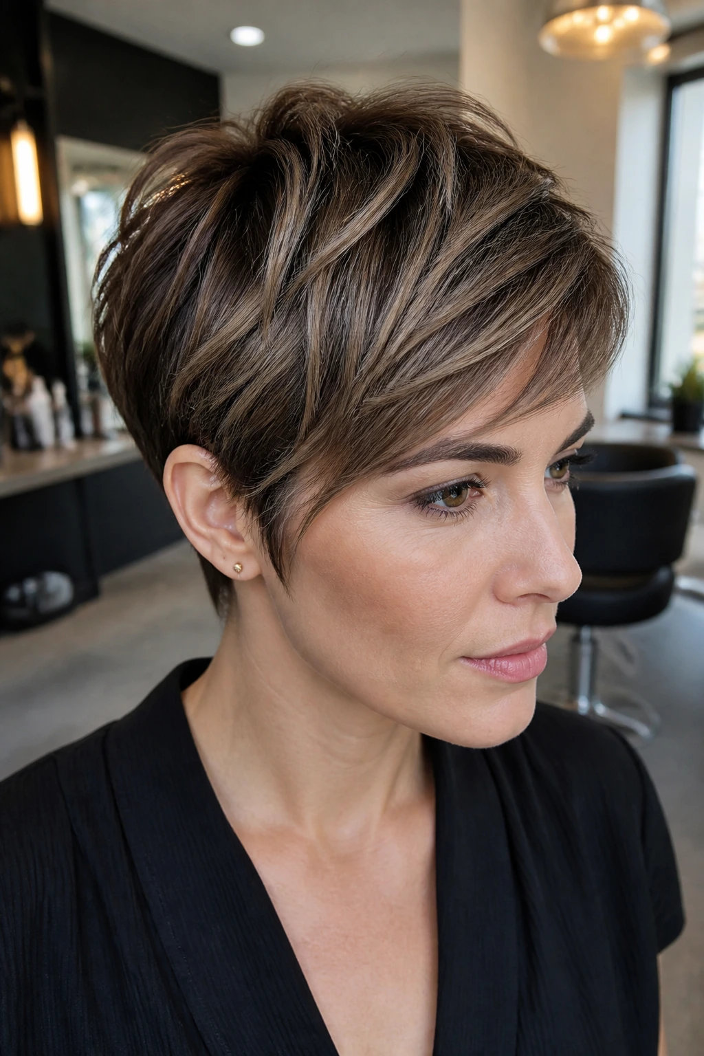 Close-up portrait of a real person with a pixie cut and cool beige-caramel highlights