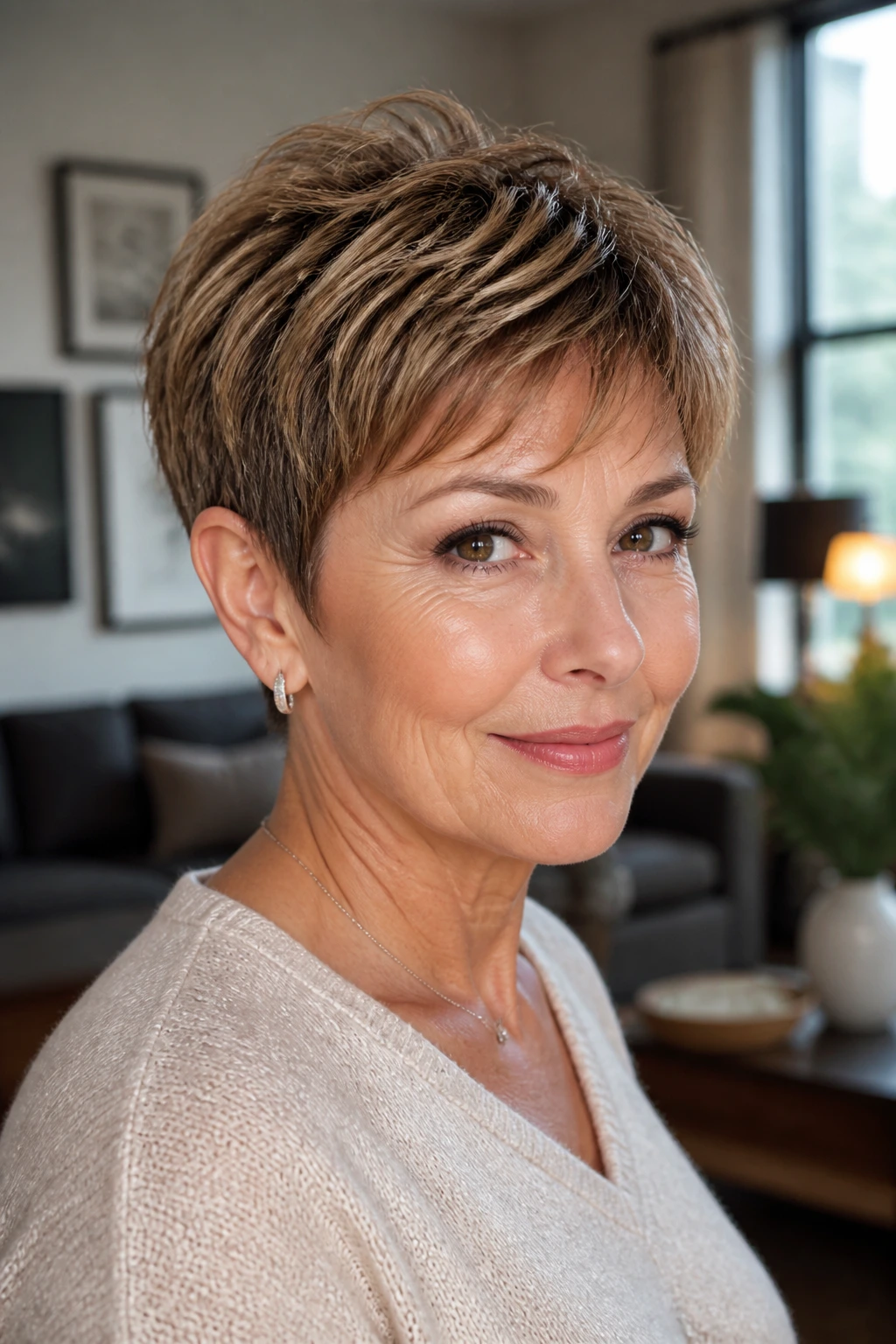 Close-up of a real woman with a pixie cut and caramel micro-highlights