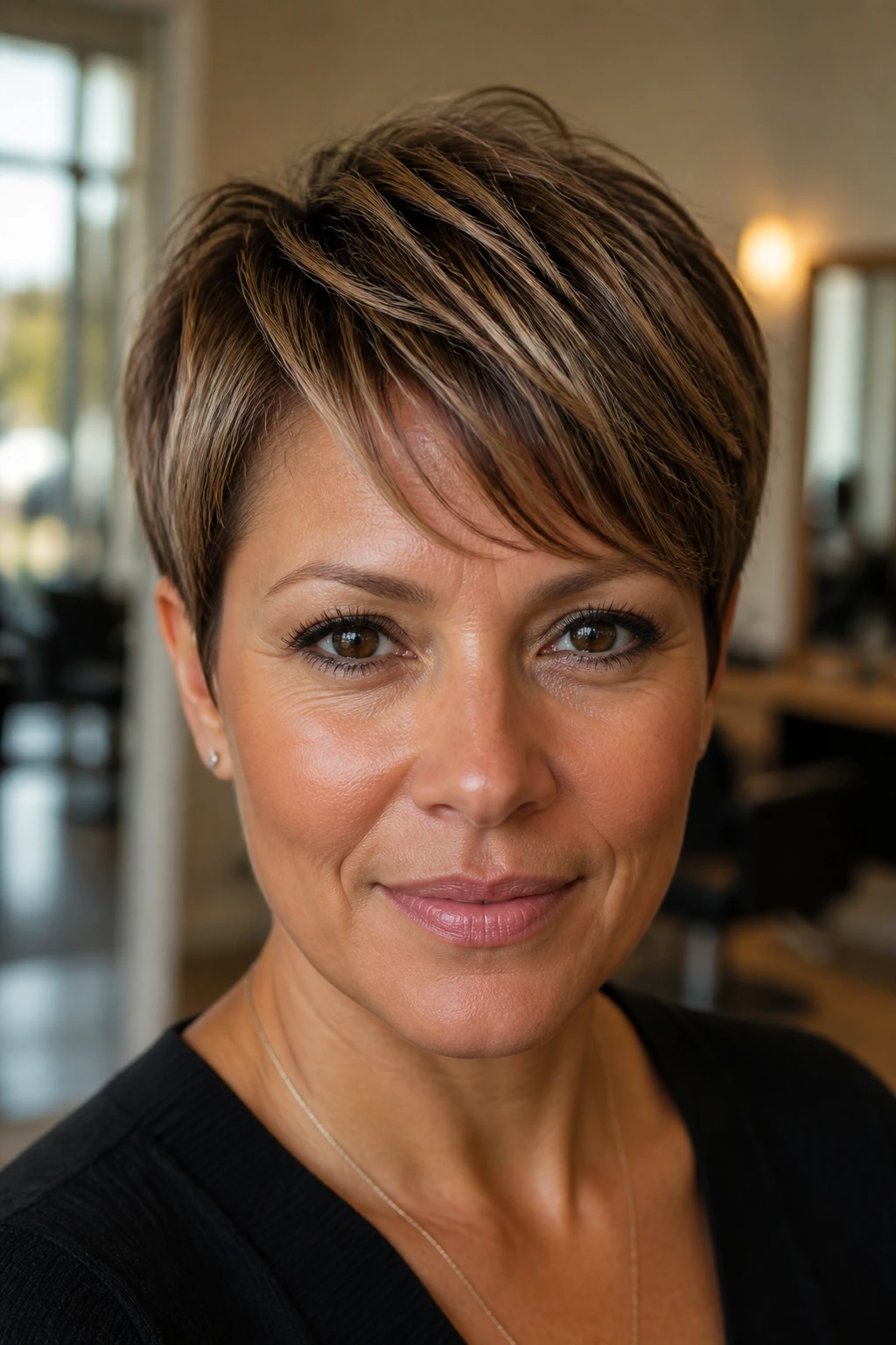 Close-up of a real woman with a pixie cut and micro caramel highlights around fringe and crown in warm light