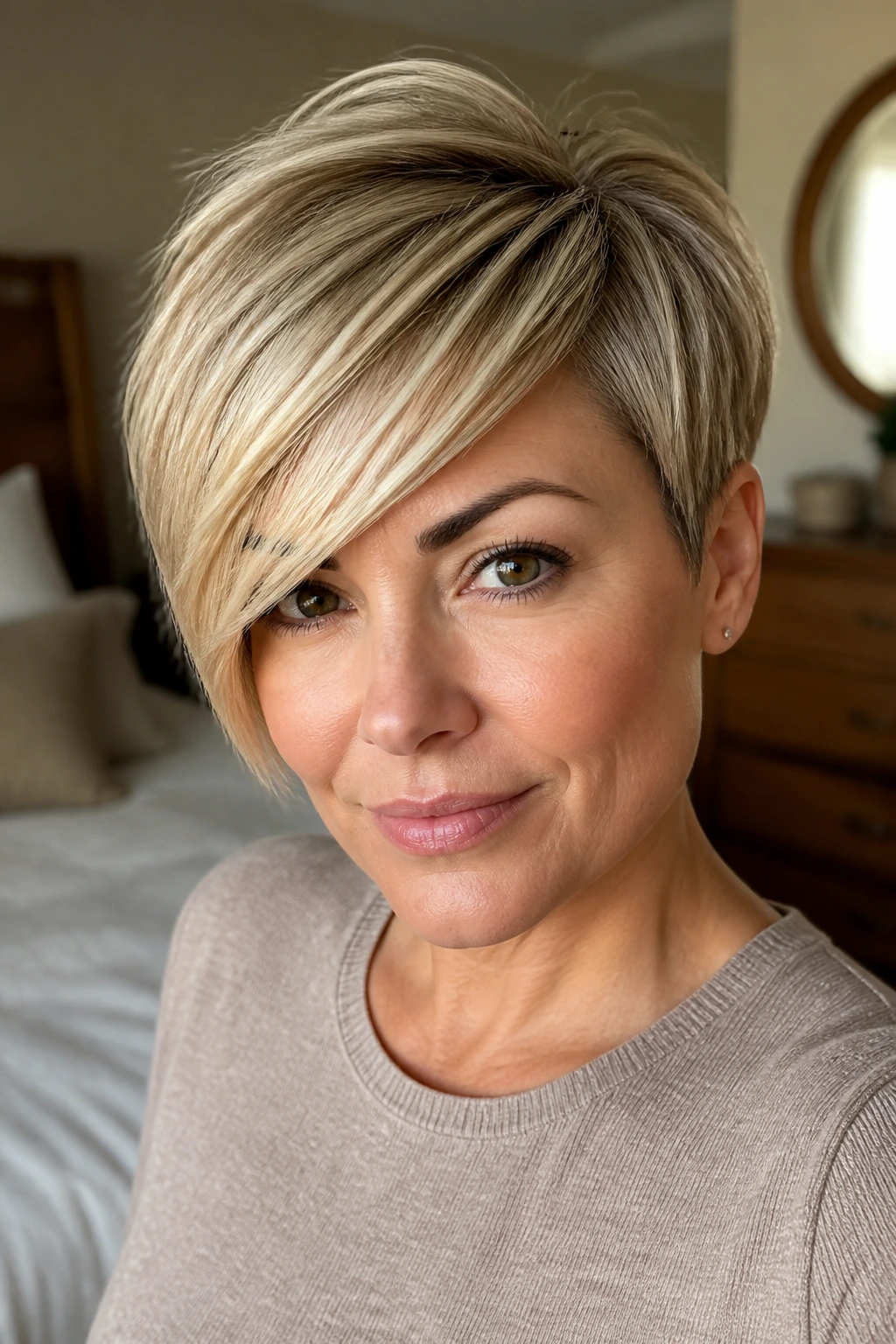 Close-up portrait of a woman with a side-swept pixie and champagne blonde fringe