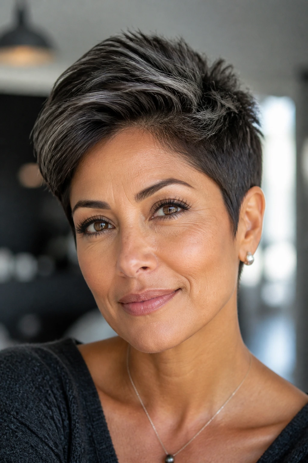Close-up of a woman with a pixie cut and charcoal crown detail