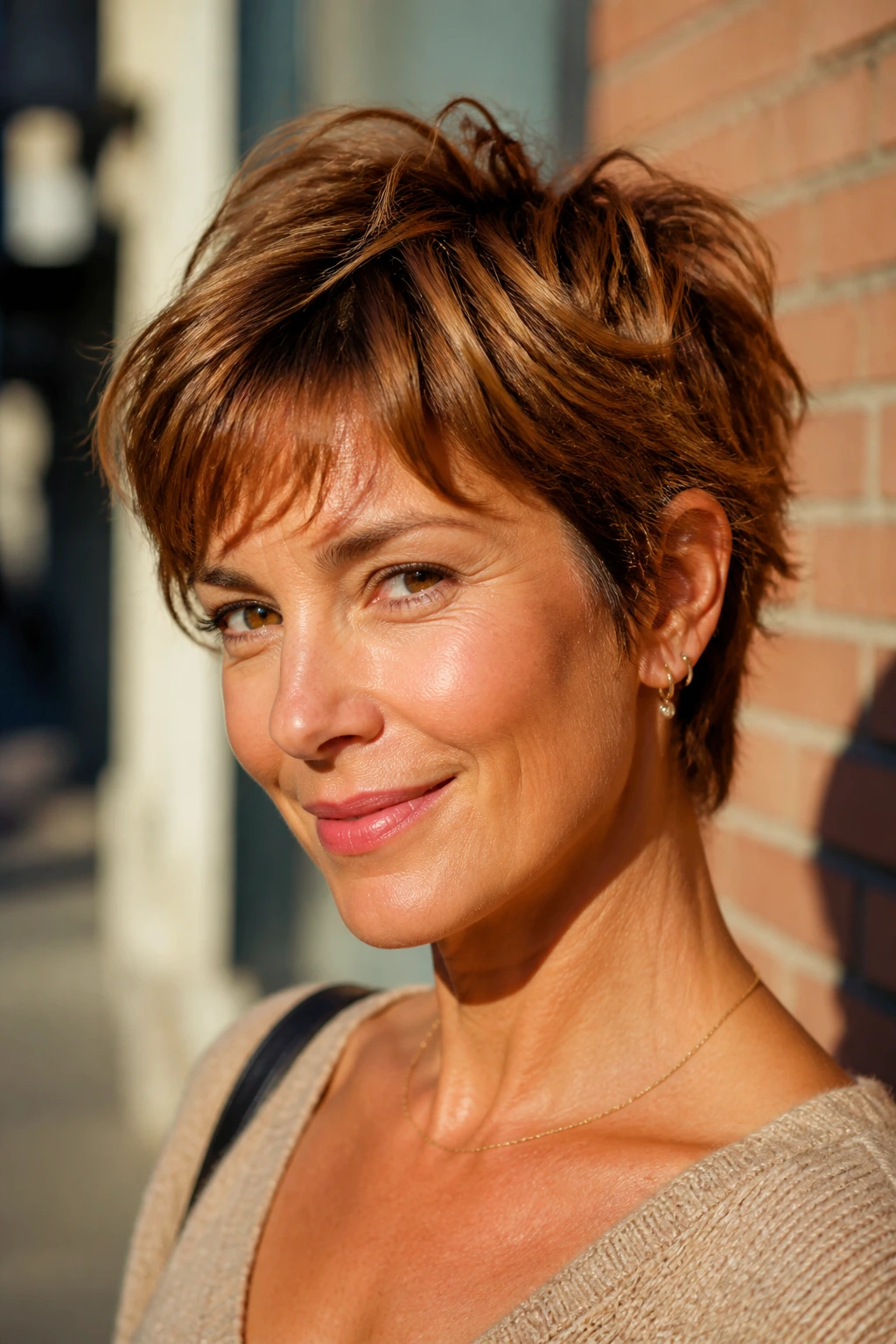 Real woman with cinnamon-caramel pixie and textured top in street light