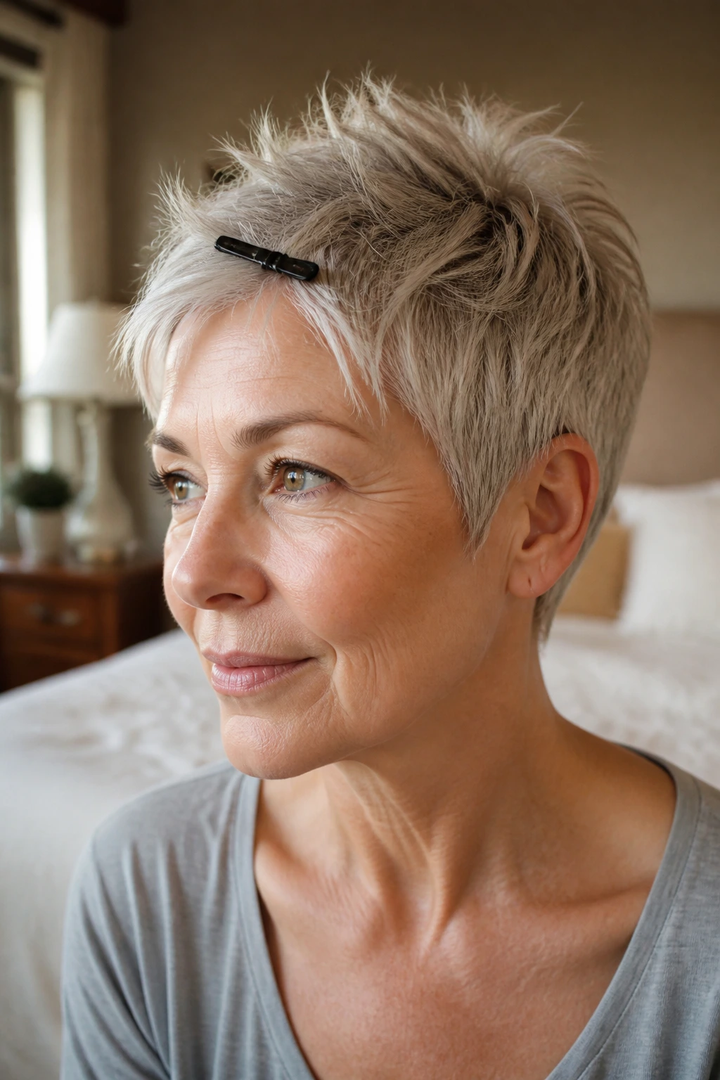 Portrait of a woman with a pixie cut using a clip to keep shape between visits