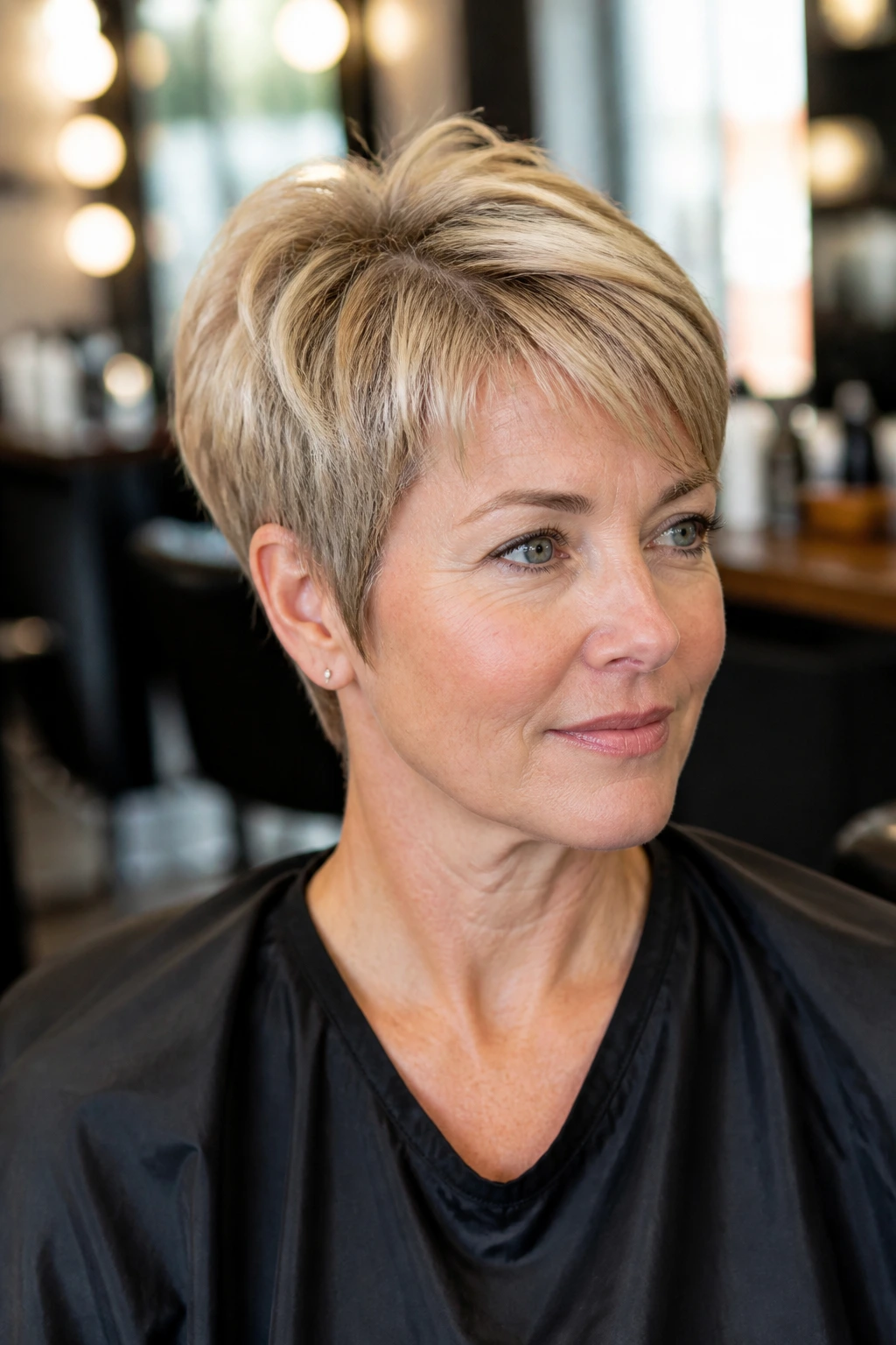 Person in salon chair with natural part and cowlicks, ready for the first pixie cut.