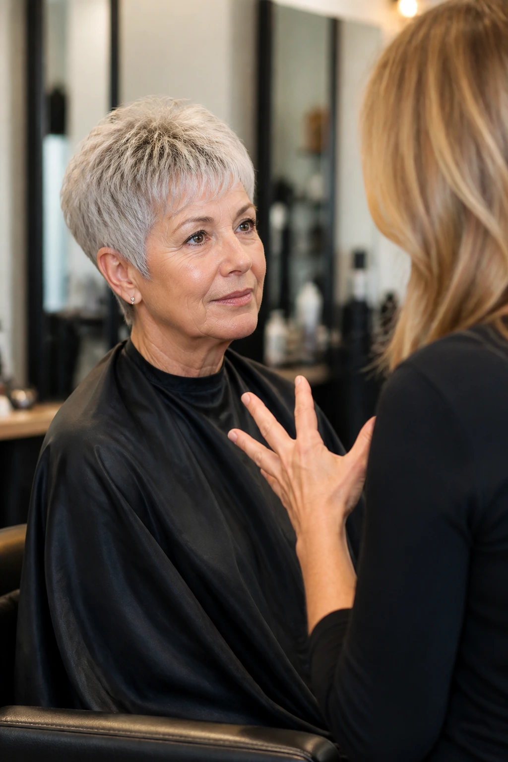 Real client in a salon consultation about pixie haircut in a modern space