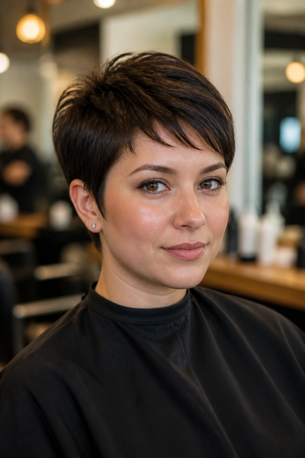 Close-up client in salon chair discussing pixie haircut details