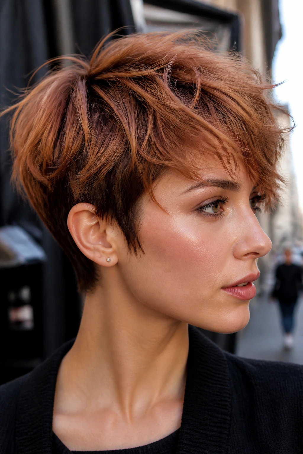 Close-up of a real woman with a choppy copper-strawberry pixie cut.