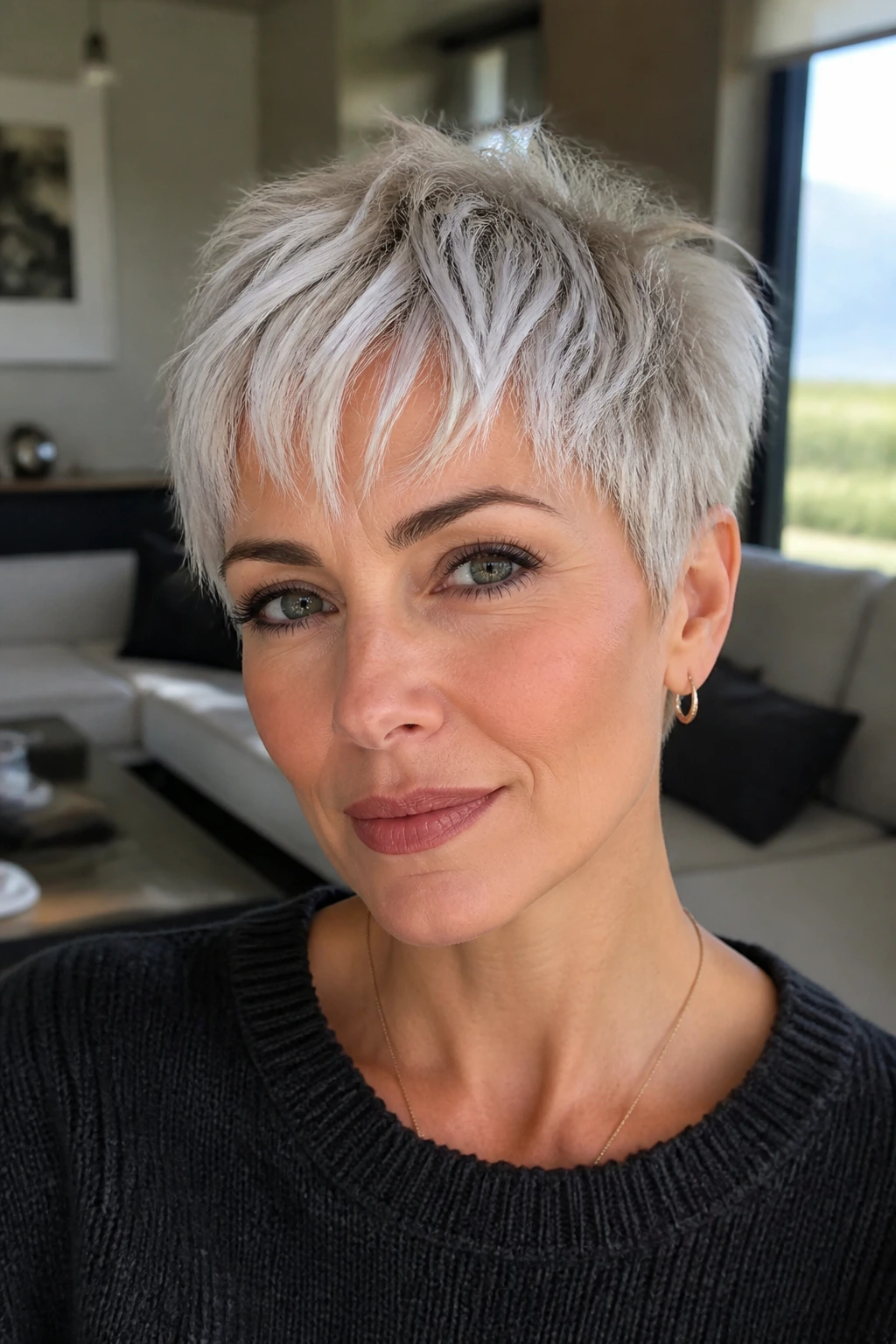 Real woman with frosted pixie crop and choppy fringe in bright living room light.