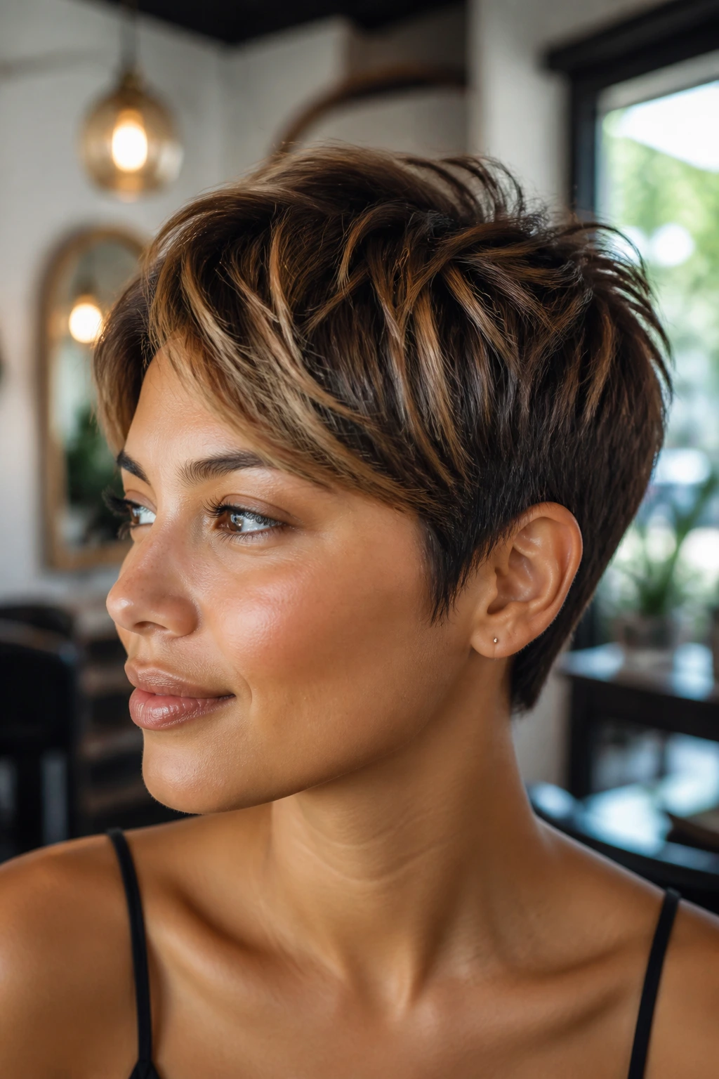 Real woman with pixie crop and sun-kissed partial highlights