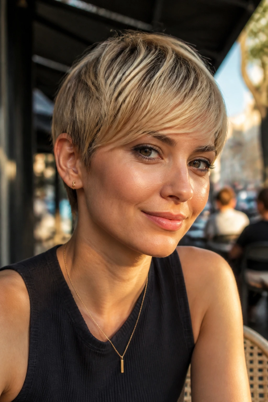 Close-up portrait of a real woman with a diagonal swoop fringe on a pixie cut.