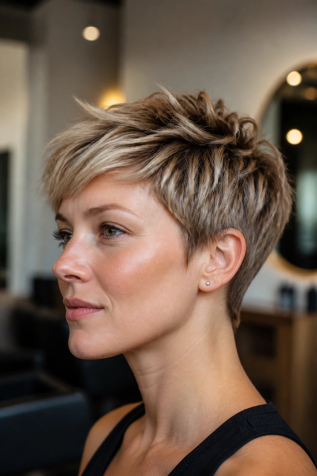 Portrait of a real person with a choppy pixie showing crown texture and tapered nape.