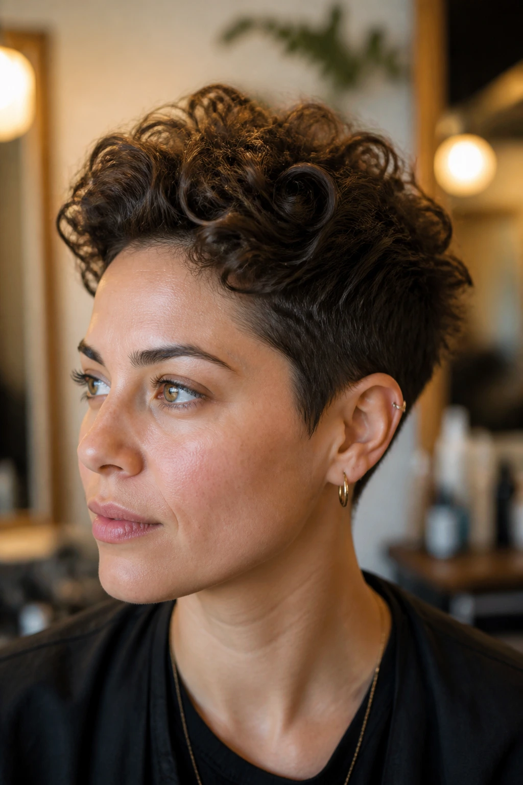 Close-up of a real person with a sculpted crown pixie under warm window light