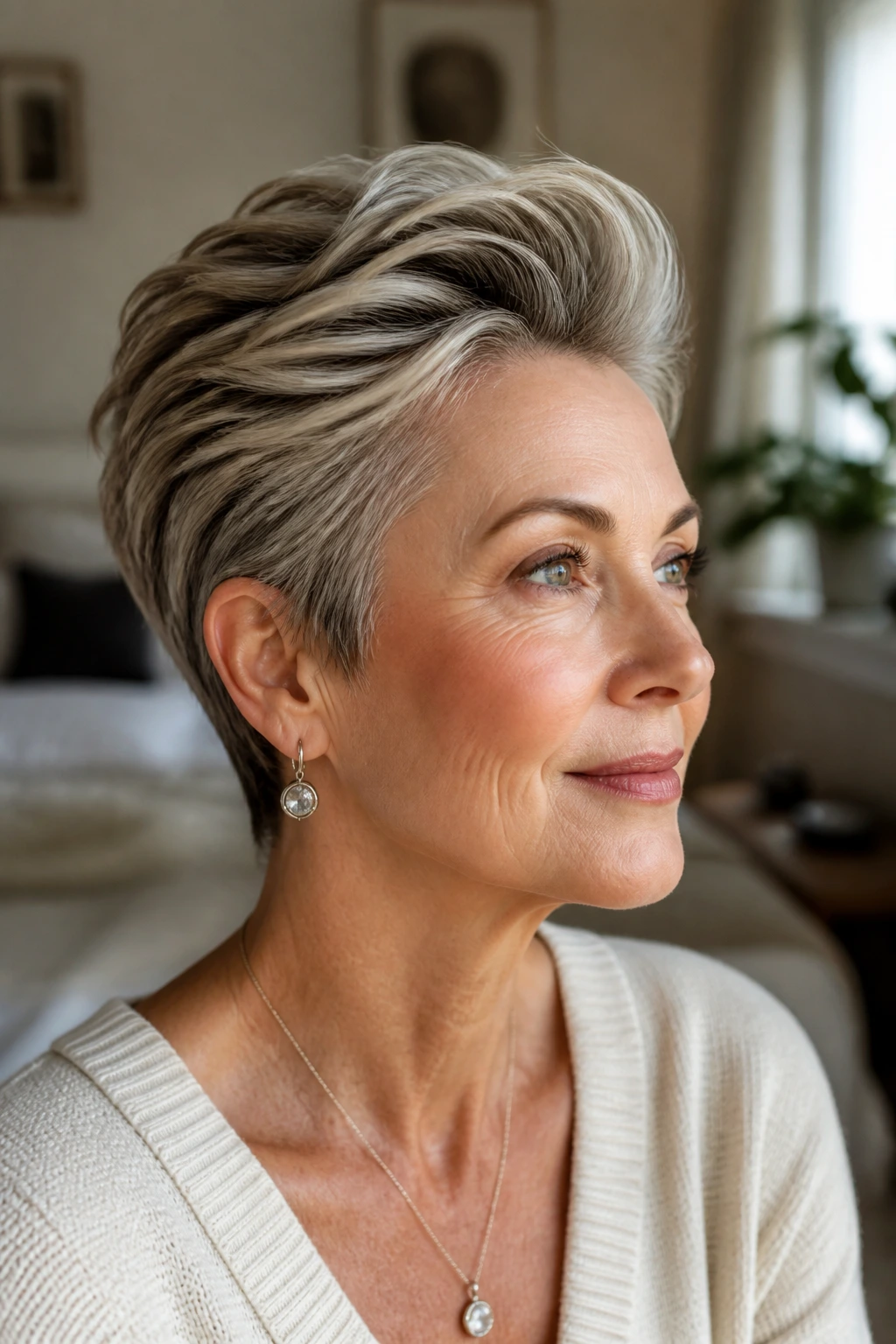 Close-up portrait of a real woman with a swept-back pixie and crown lift.
