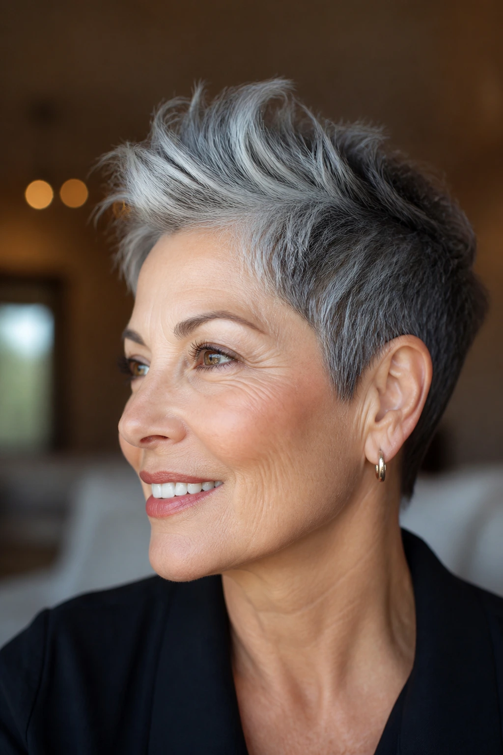 Portrait of person with soft pixie cut showing crown lift and silver highlights