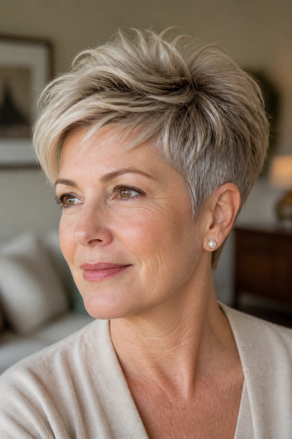 Portrait of a real woman with soft pixie crown lift hairstyle