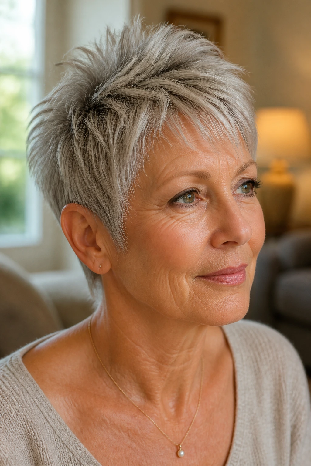 Close-up portrait of a real woman with a textured crown pixie, highlighting lift at the crown