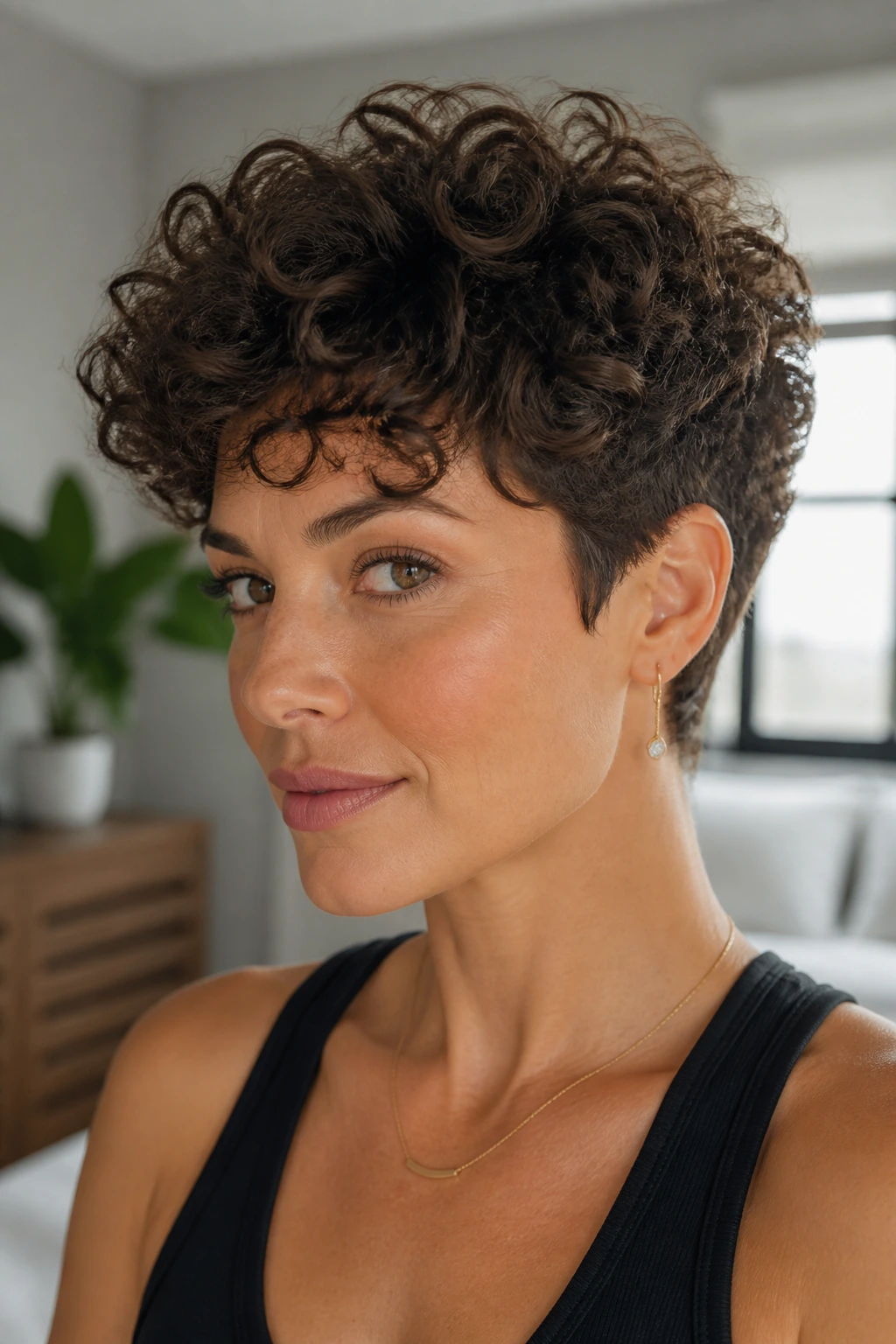 Close-up of a real woman with a volumized pixie curl crop and sculpted edges