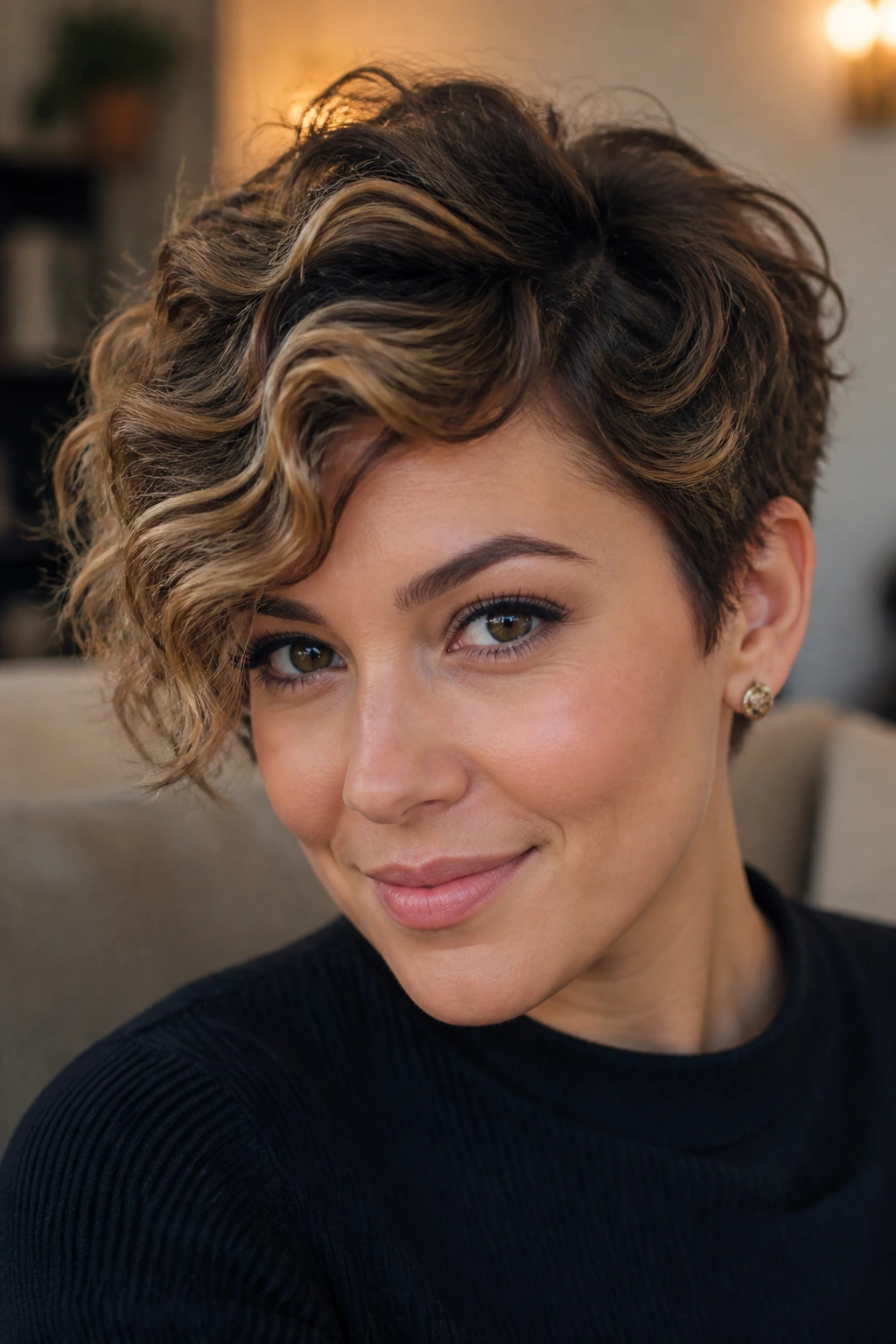 Close-up portrait of a pixie cut with honey babylights on a real person