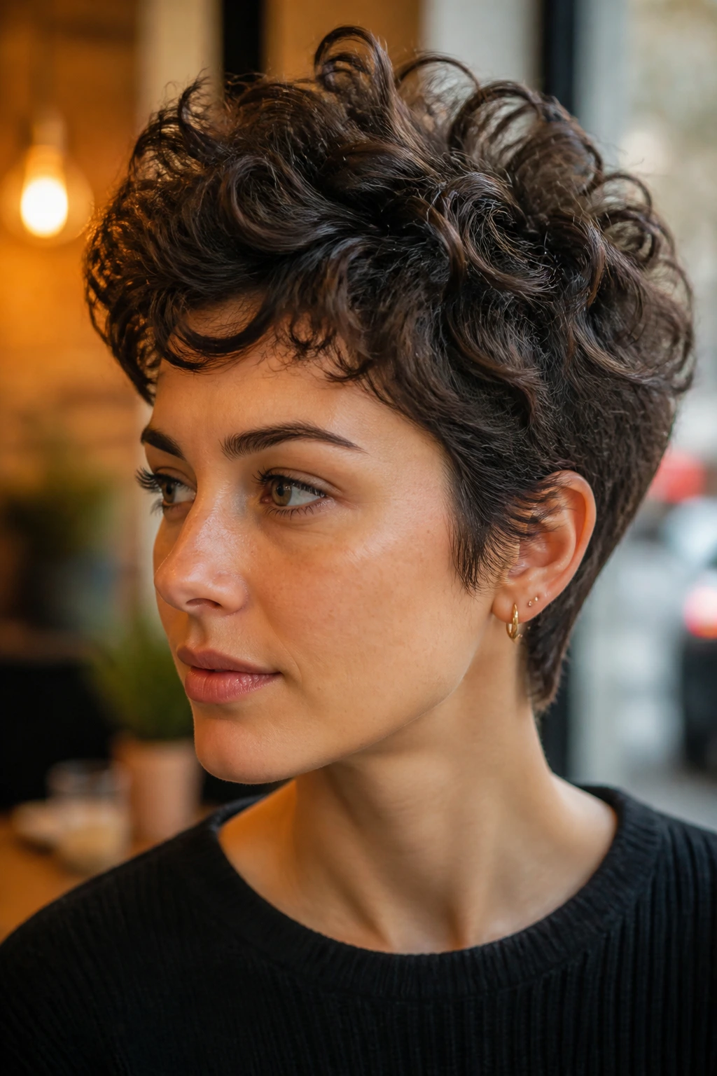 Close-up of textured pixie curls with crown lift