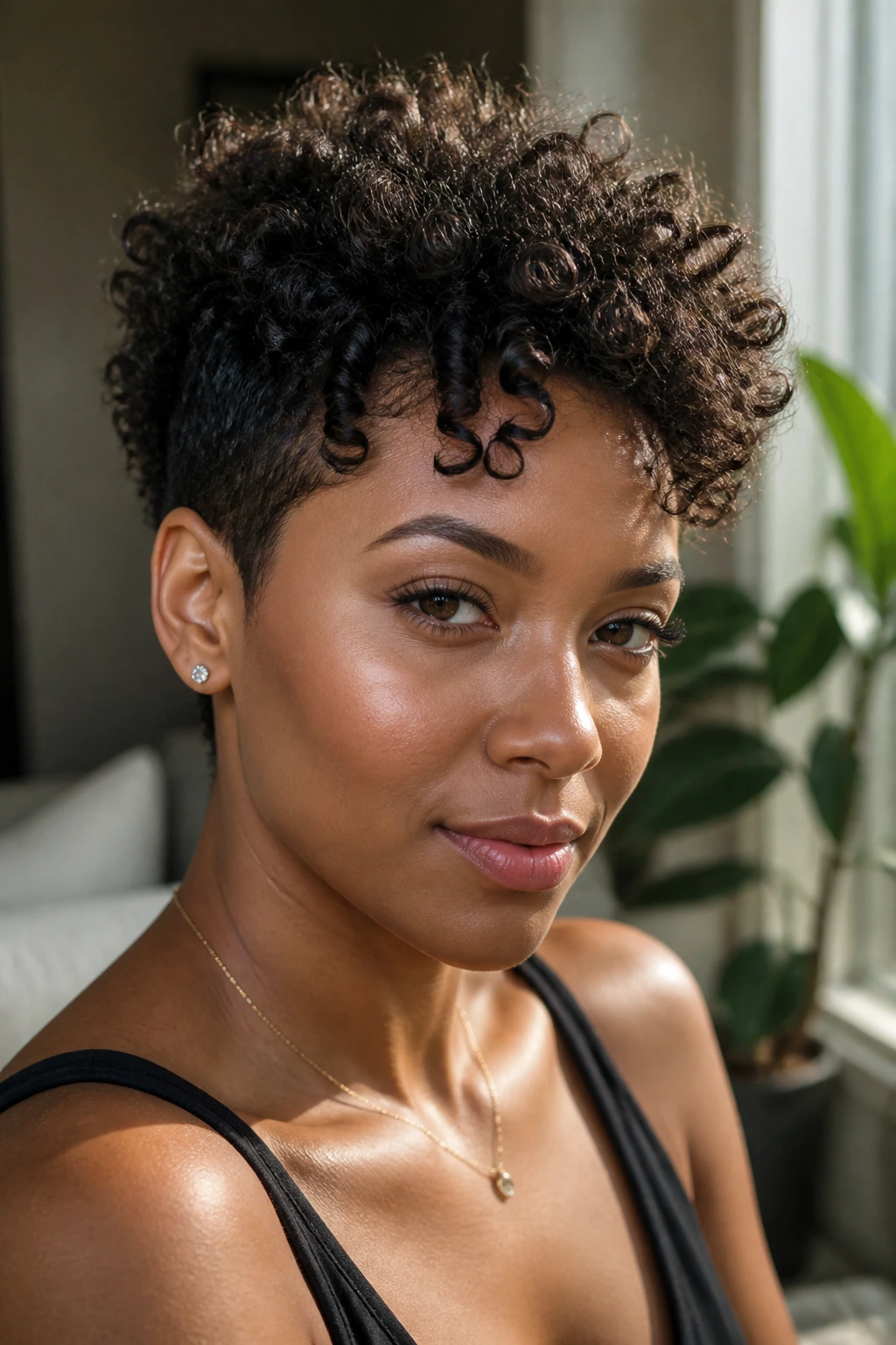 Close-up of a real woman with a long-top pixie and defined crown coils in a sunlit living room.